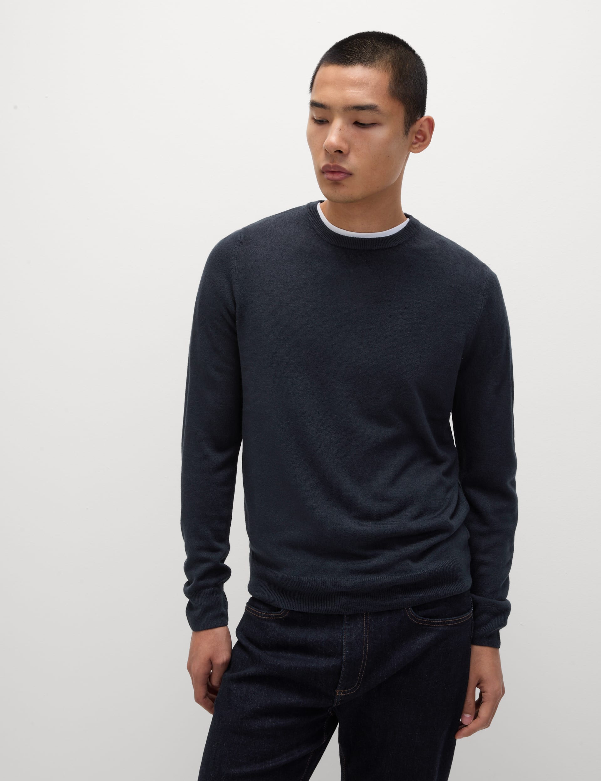 M&S Collection Men's Cashmilon Crew Neck Jumper - MREG - Navy, Charcoal,Navy,Black,Denim,Burgundy