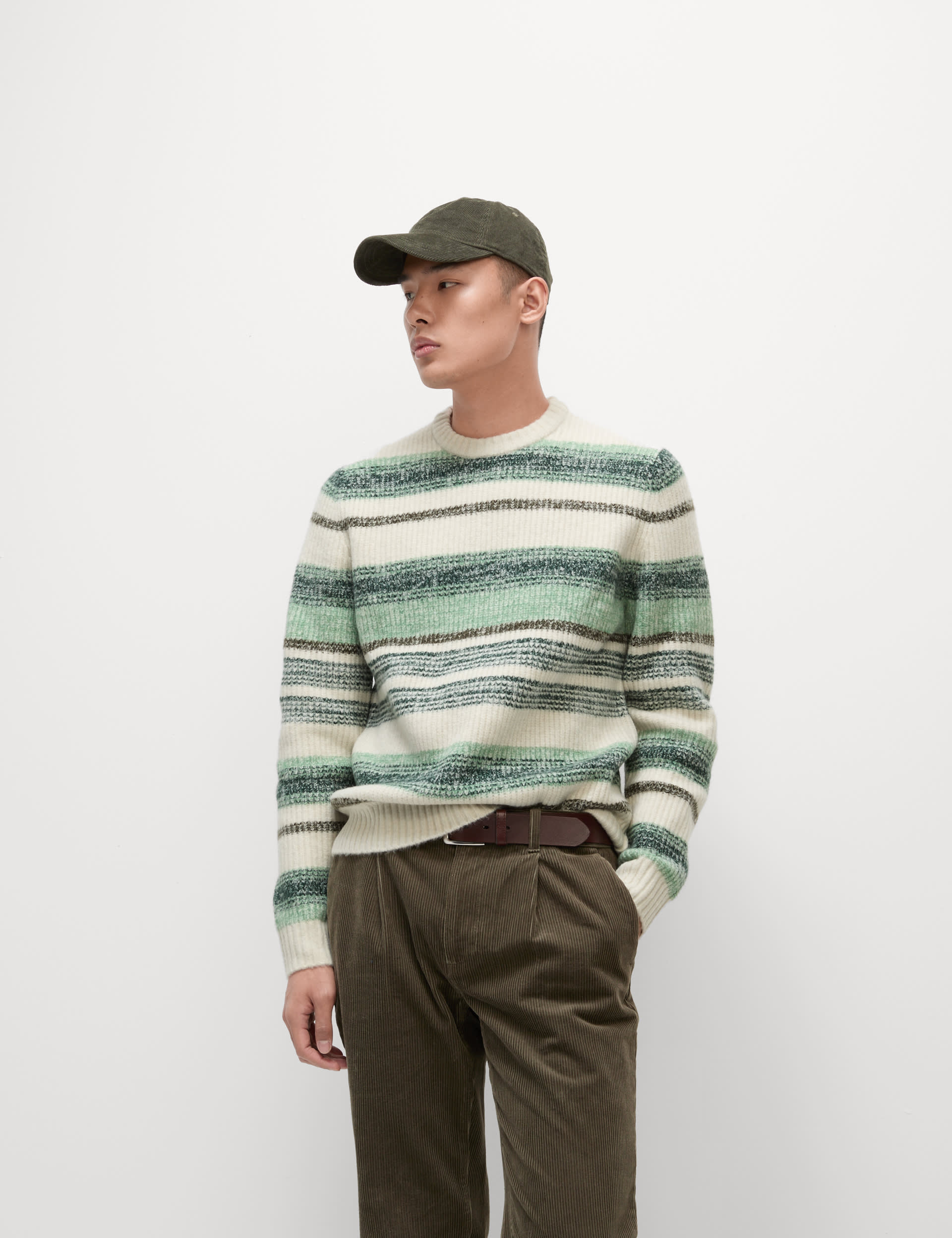 M&S Collection Men's Supersoft Striped Crew Neck Jumper with Wool - LREG - Light Green Mix, Navy Mix