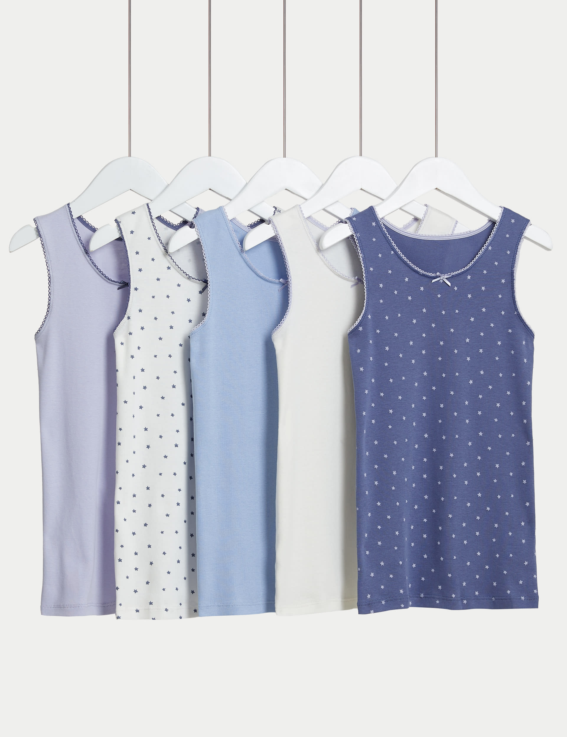 M&S Collection Girls 5pk Pure Cotton Stars & Plain Vests (2-14 Yrs) - 3-4 Y - Lilac Mix, Lilac Mix