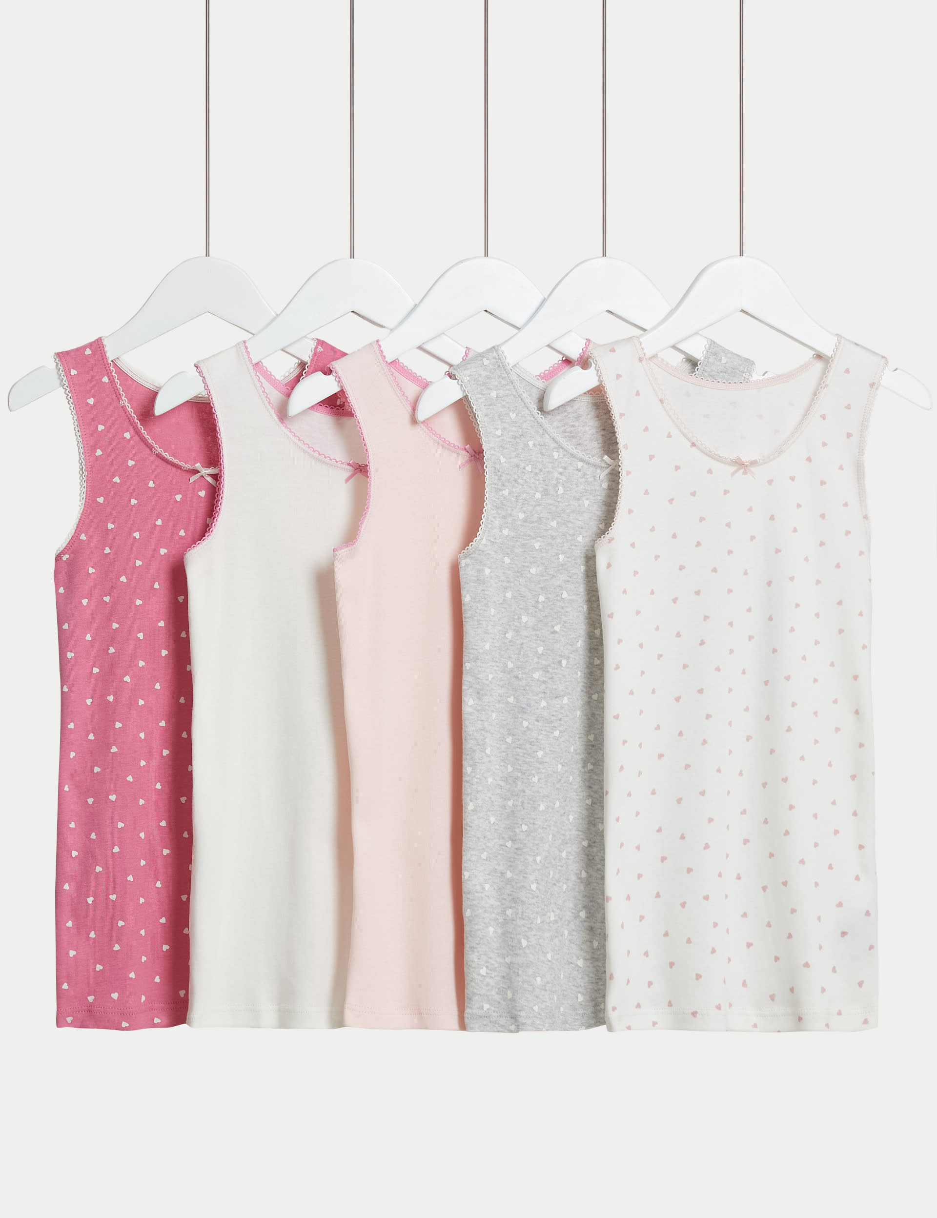 M&S Collection Girls 5pk Pure Cotton Heart & Plain Vests (2-14 Yrs) - 8-9 Y - Pink Mix, Pink Mix