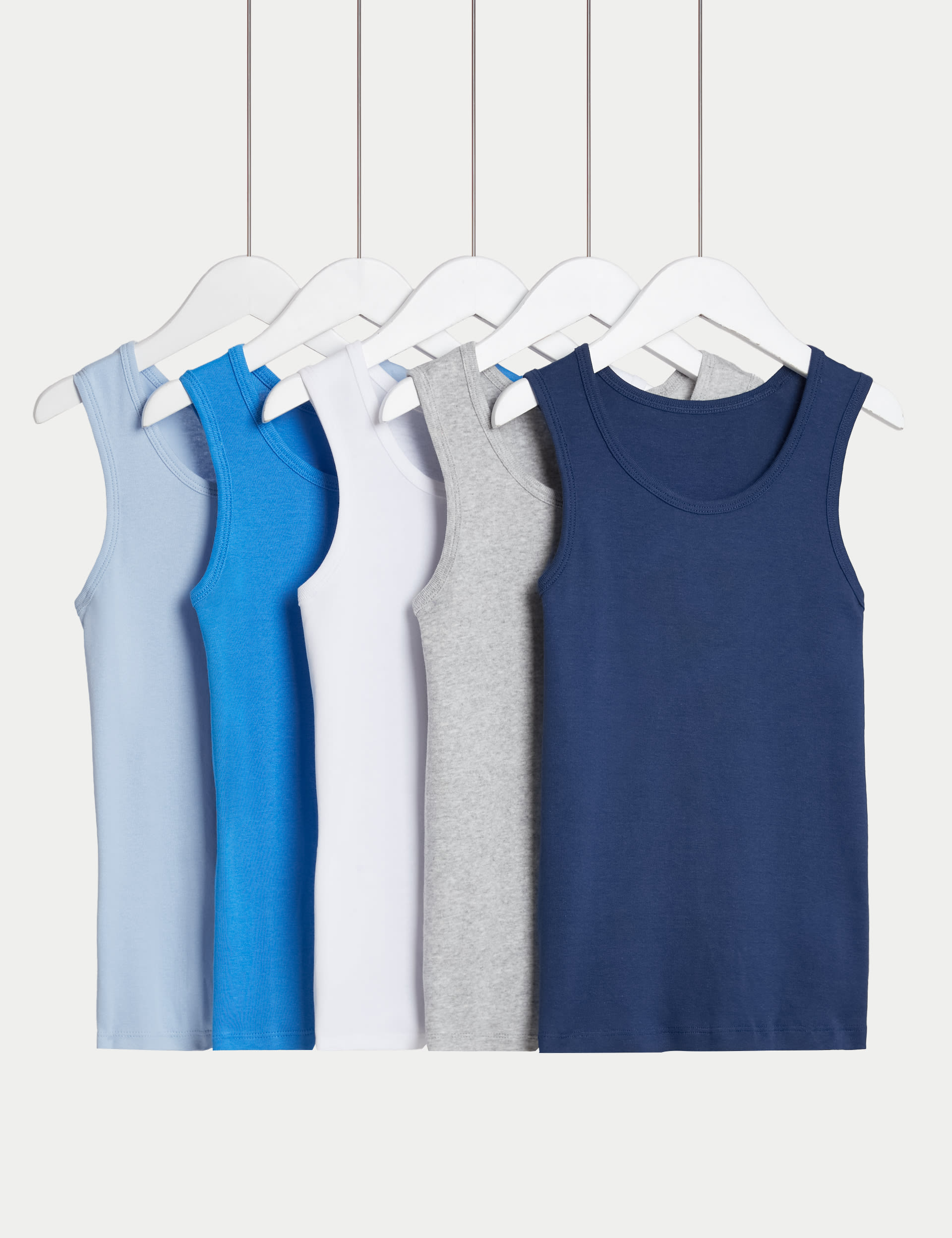 M&S Collection Boys 5pk Pure Cotton Vests (2-14 Yrs) - 13-14 - Blue Mix, Blue Mix