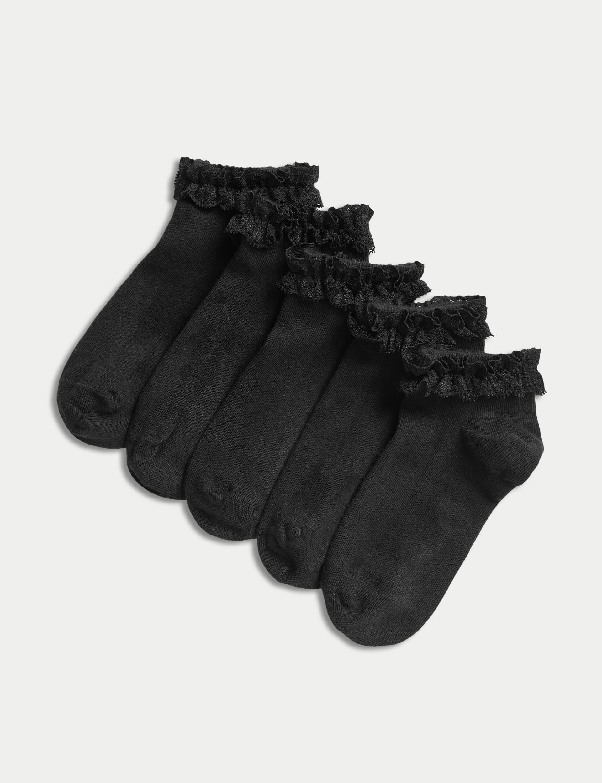 M&S Collection Girls 5pk of Frill Trainer Liners - 8-12 - Black, Black