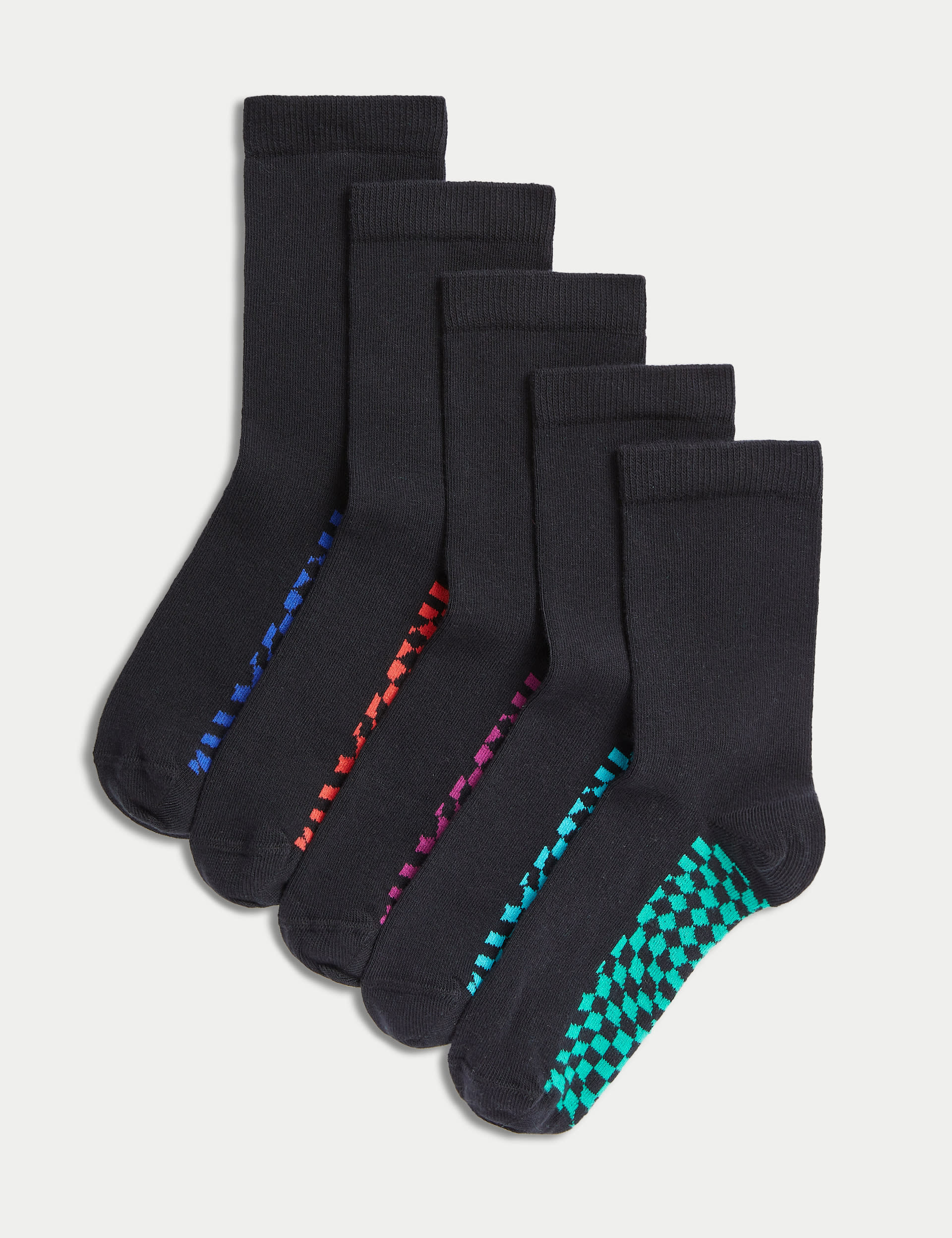 M&S Collection 5pk Cotton Rich Checkerboard School Socks - 6-8+ - Black Mix, Black Mix