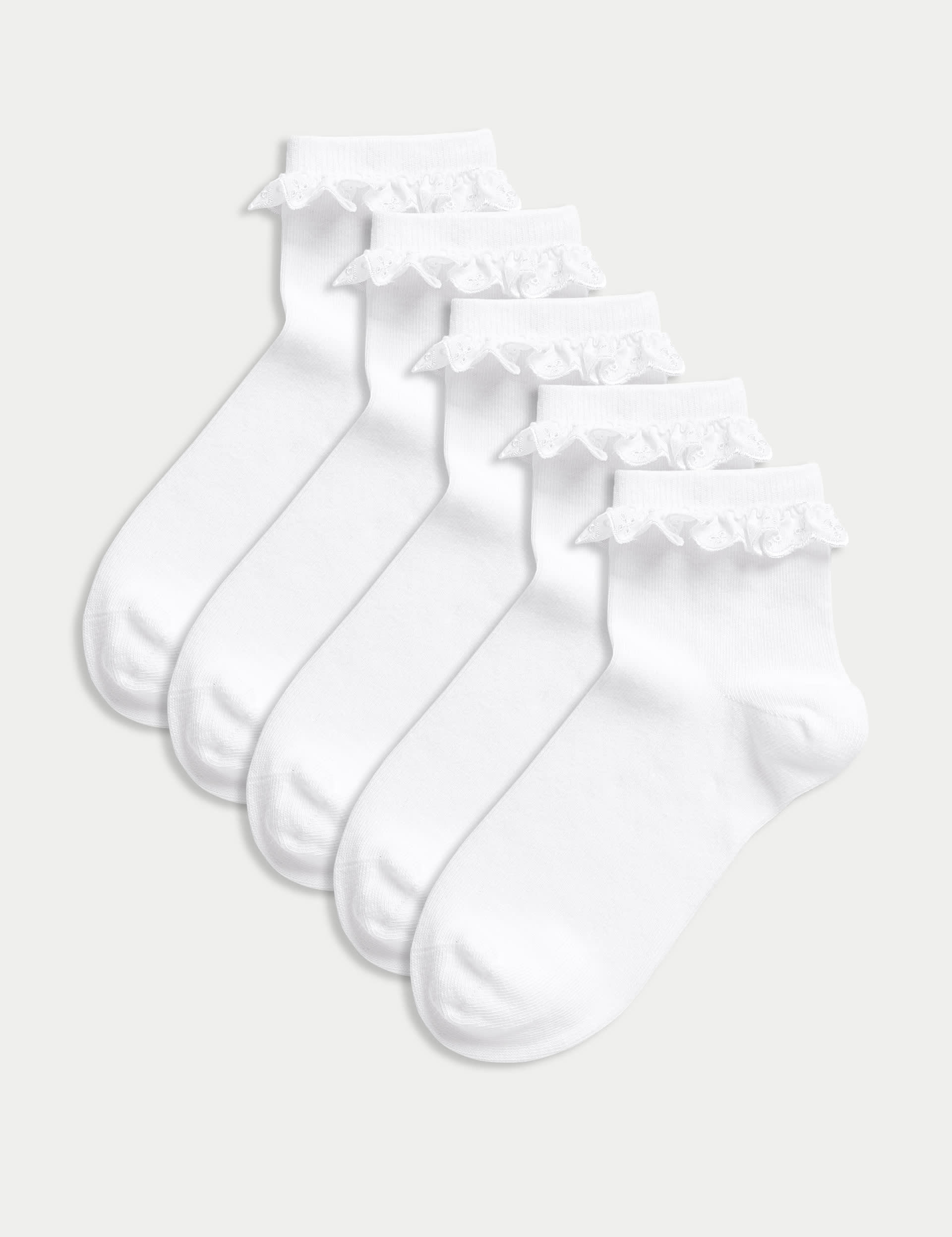 M&S Collection Girls 5pk Cotton Blend Frill Socks (6 Small - 7 Large) - 8-12 - White, White