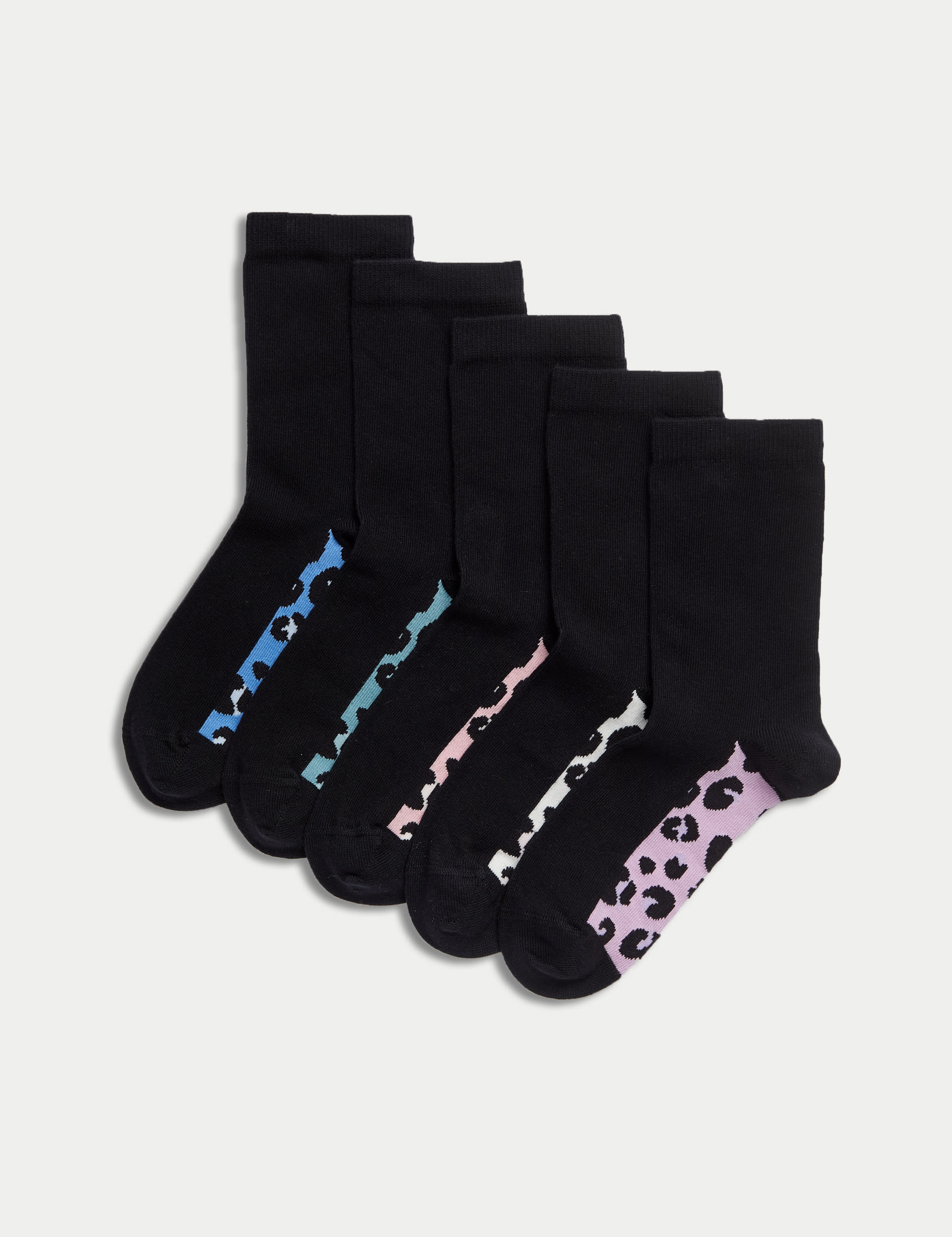 M&S Collection Girls 5pk Cotton Rich Leopard Socks (6 Small - 7 Large) - 4-7 - Black, Black