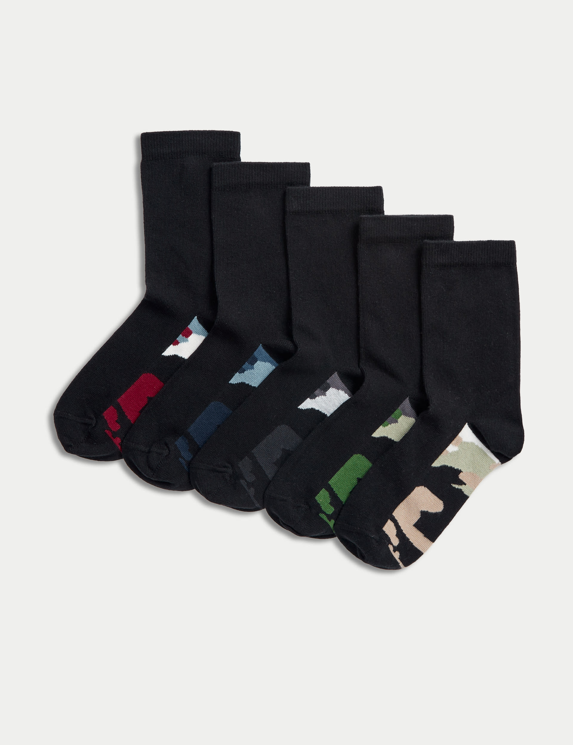 M&S Collection 5pk Cotton Rich Camo Sole School Socks (6 Small-7 Large) - 8-12 - Black, Black