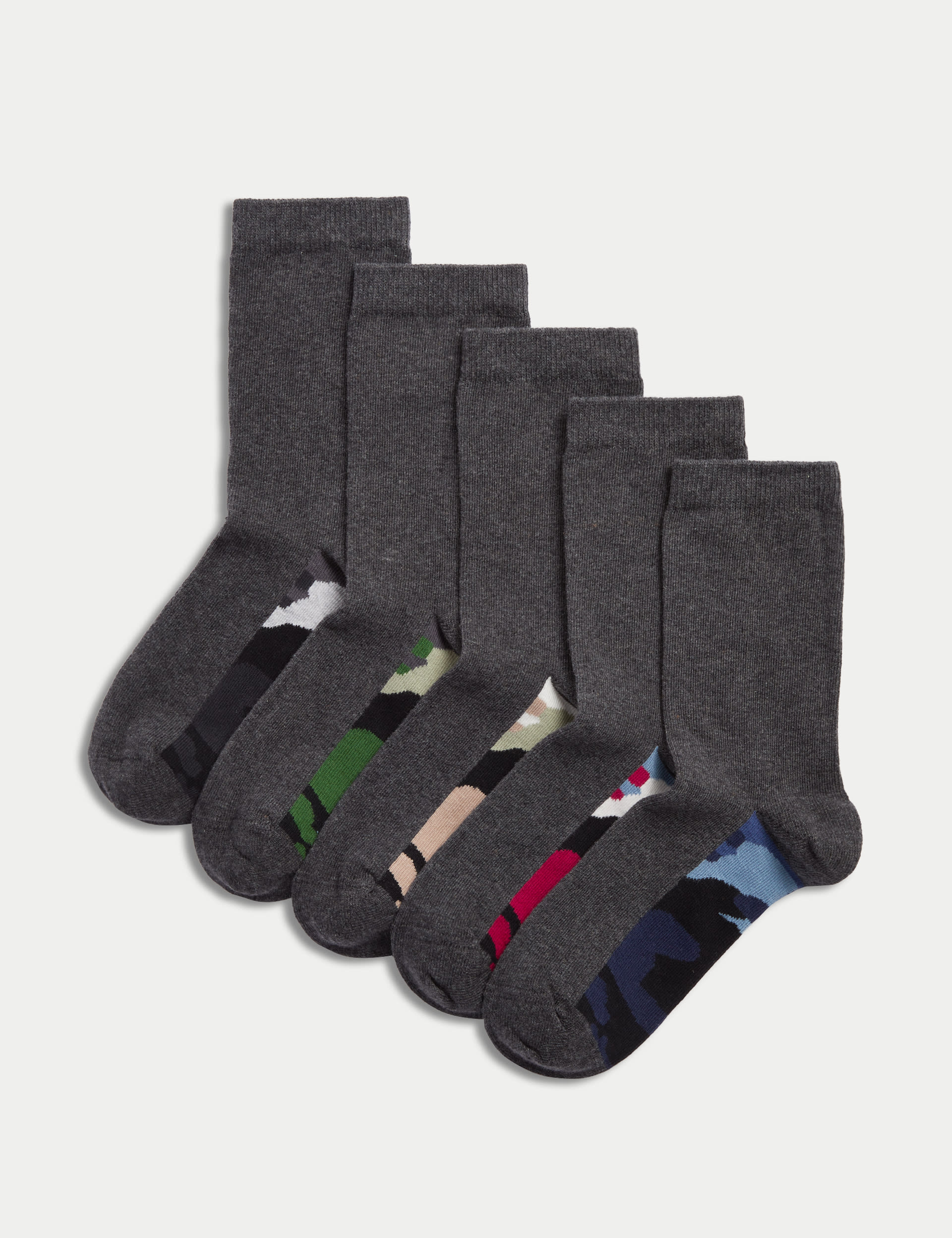 M&S Collection 5pk Cotton Rich Camo Sole School Socks (6 Small - 7 Large) - 8-12 - Grey, Grey