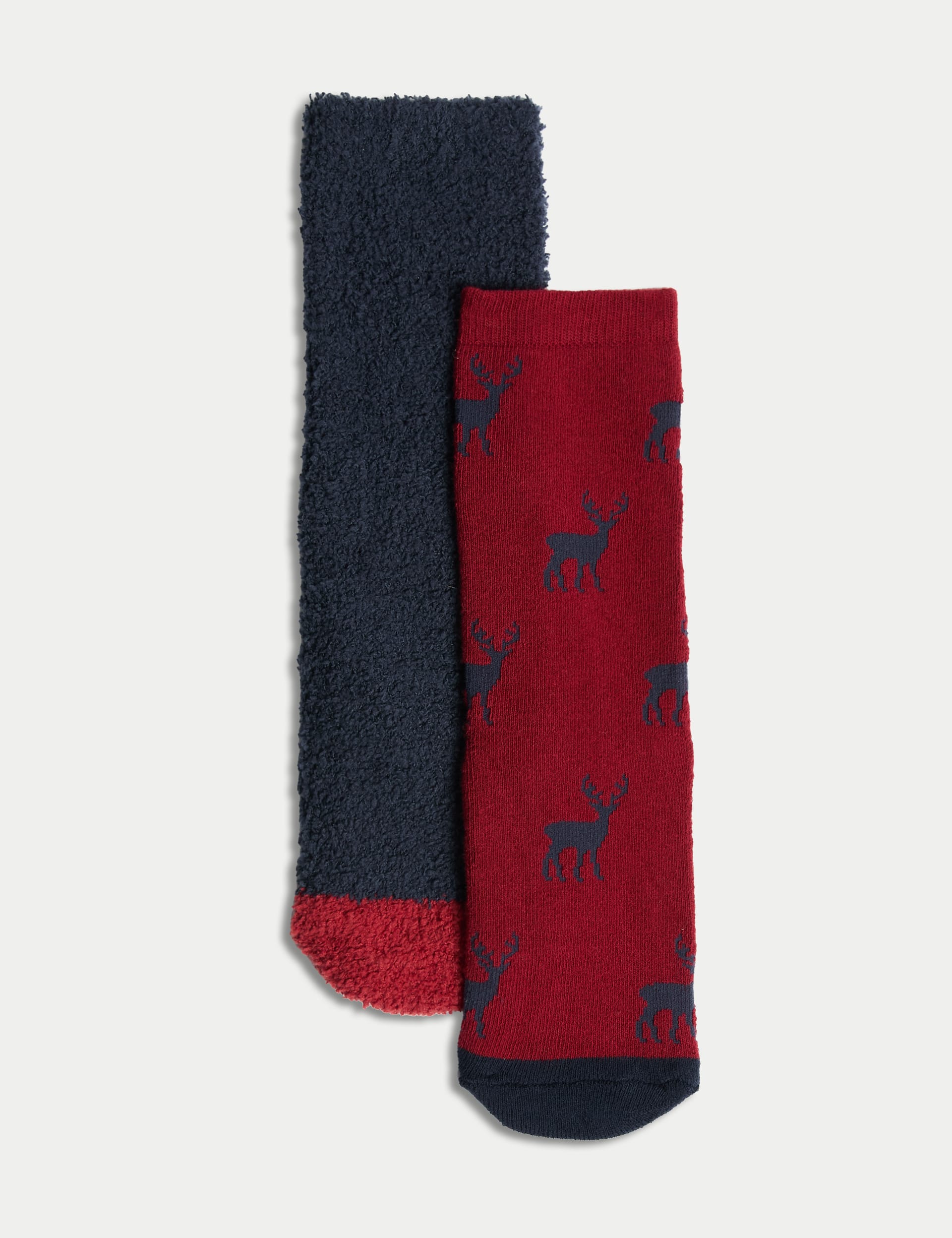 M&S Collection Boys 2 Pack Stag & Check Cosy Slipper Socks (6 Small - 7 Large) - 12+3+ - Dark Red Mi