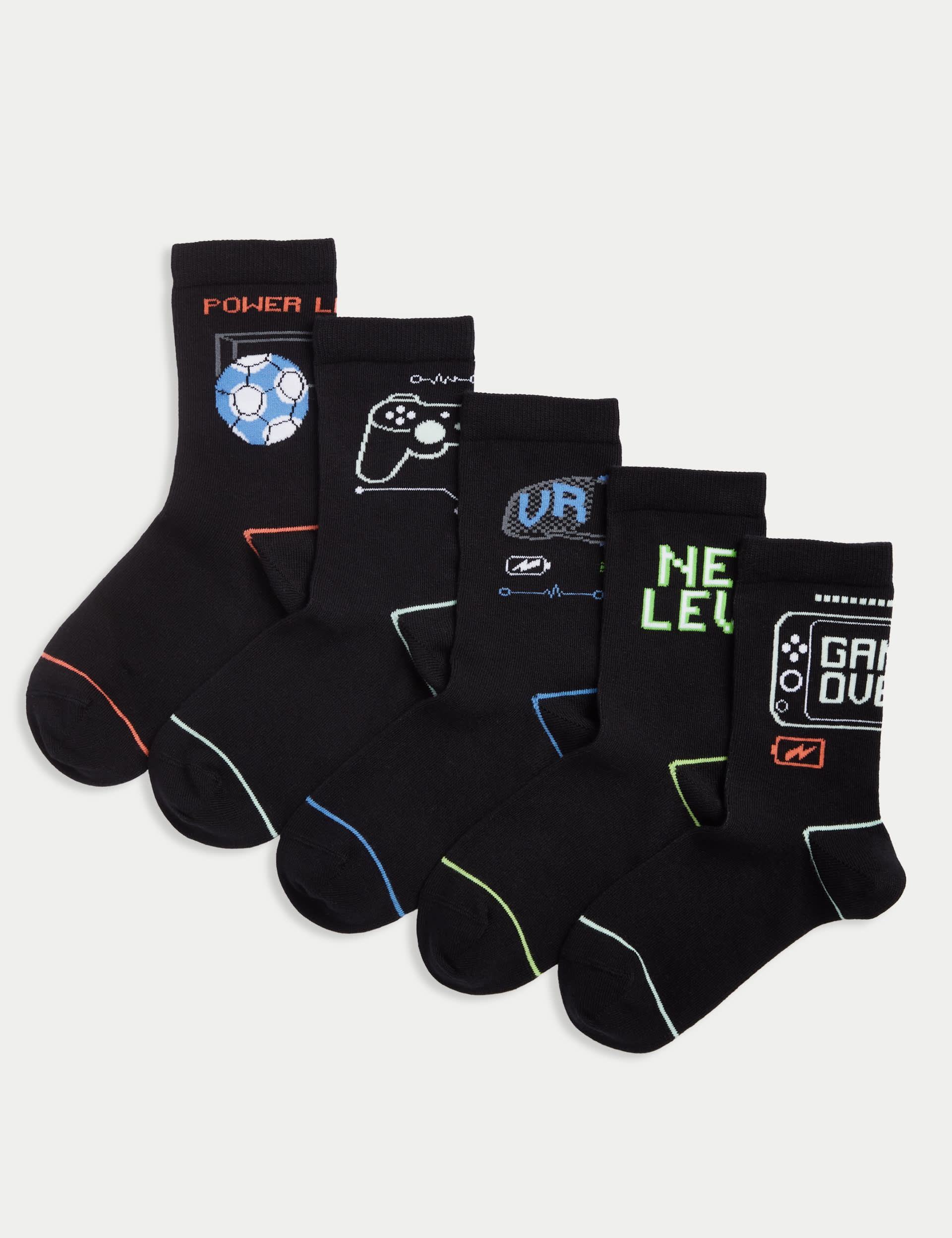 M&S Collection Boys 5pk Cotton Rich Gaming Football Socks (6 Small - 7 Large) - 8-12 - Multi, Multi