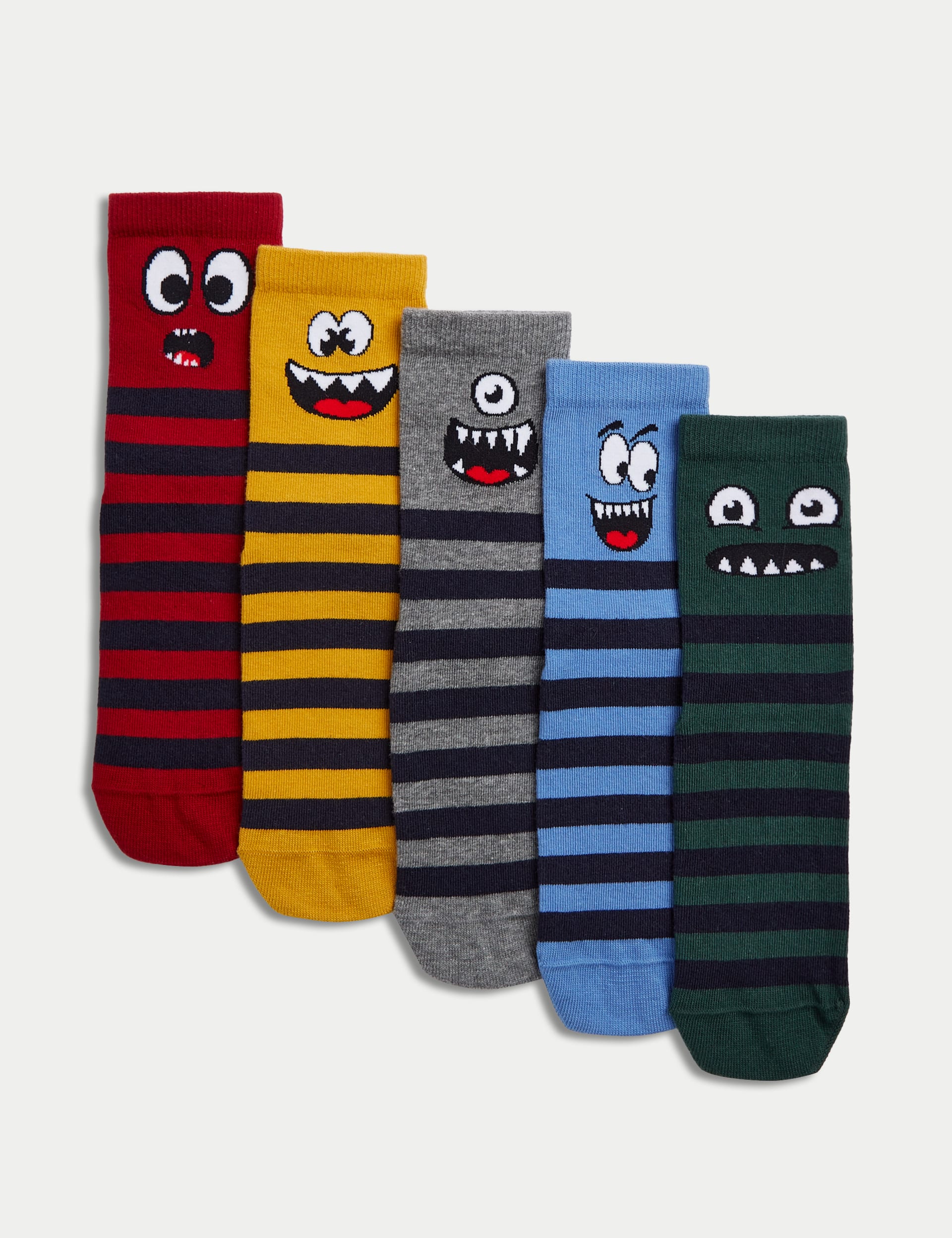 M&S Collection Boys 5pk Cotton Rich Monster Stripe Socks (6 Small - 7 Large) - 6-8+ - Multi, Multi