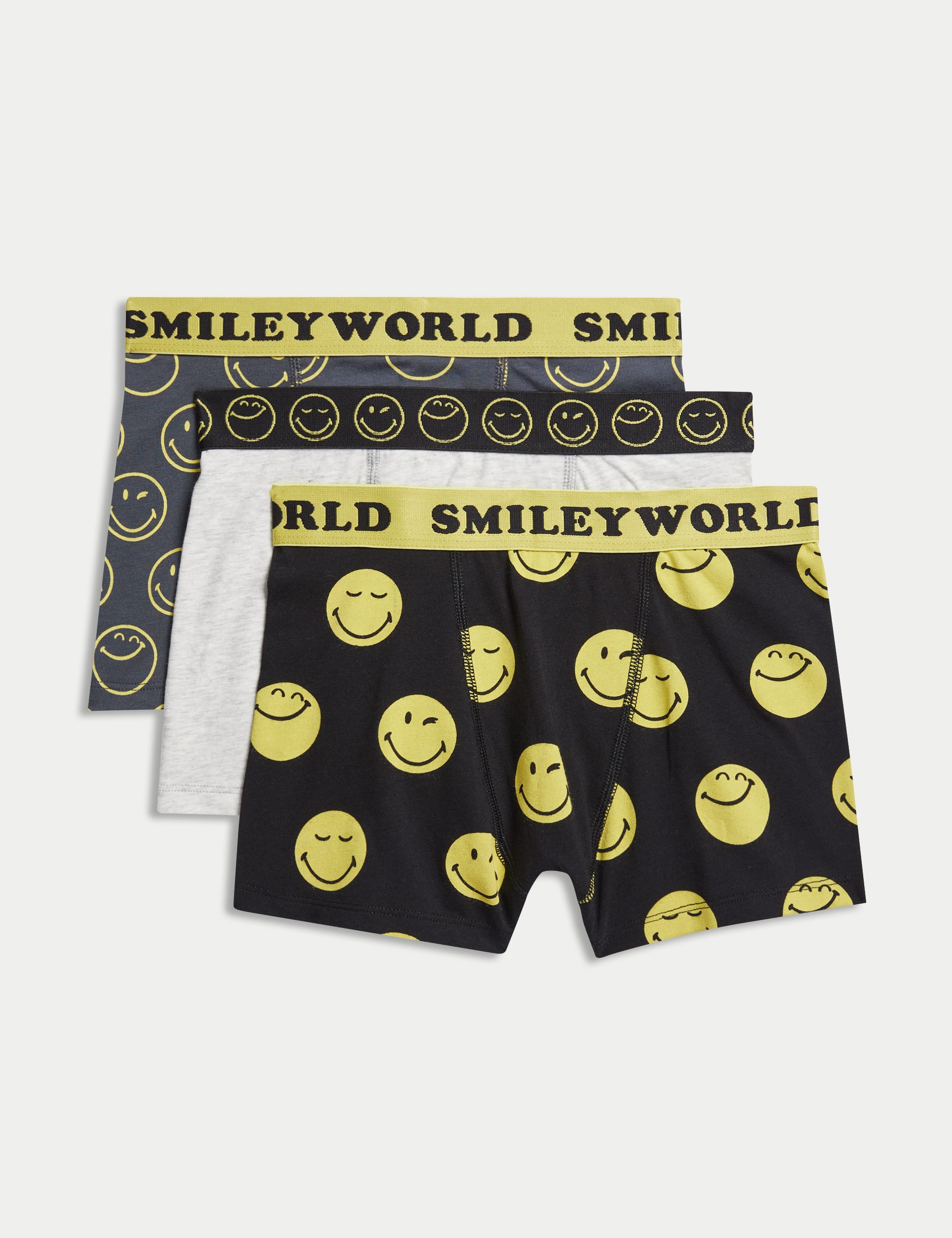 M&S Collection Boys 3pk Cotton with Stretch SmileyWorld Trunks (5-16 Yrs) - 6-7 Y - Black Mix, Blac