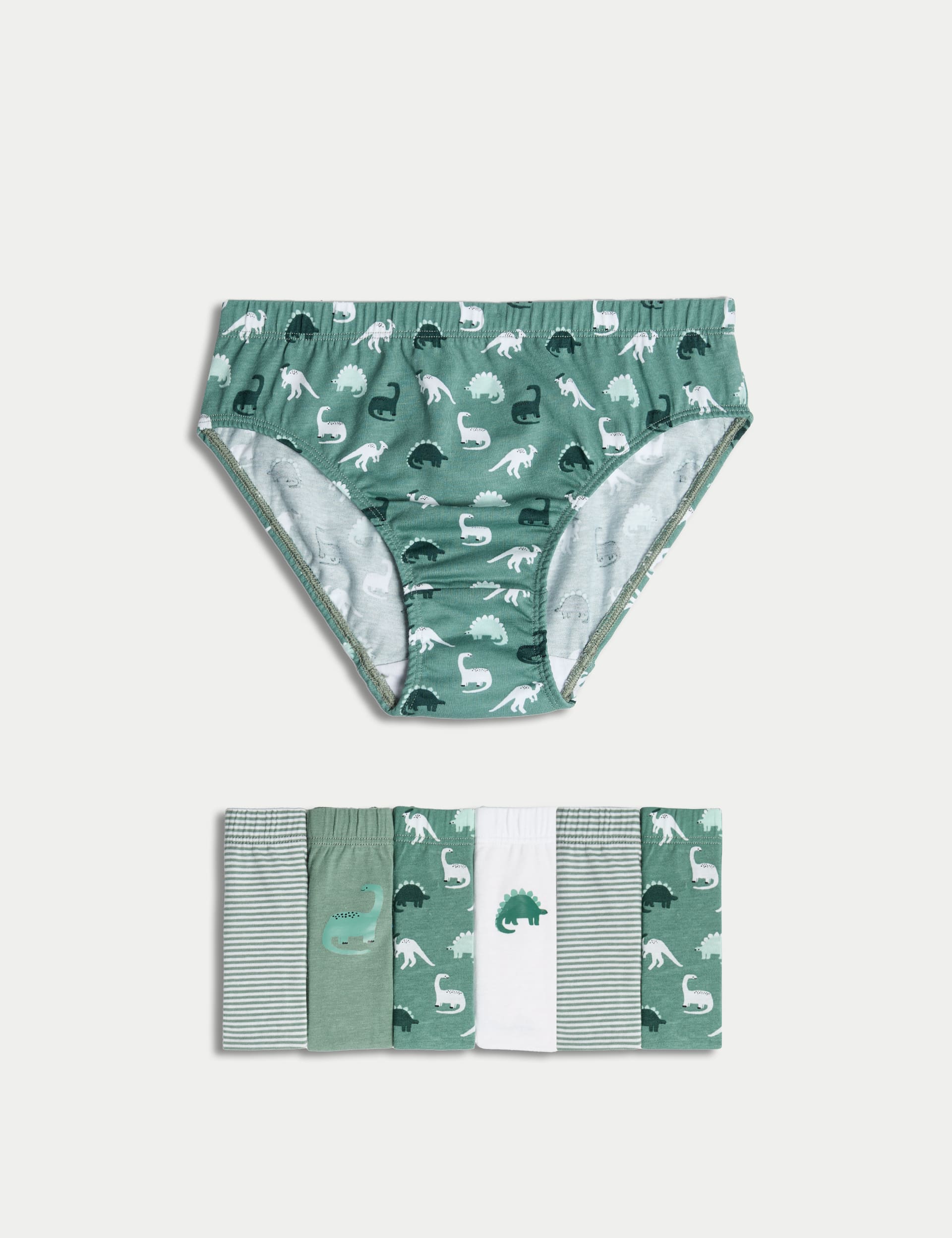 M&S Collection Boys 7pk Pure Cotton Dinosaur & Striped Briefs (2-8 Yrs) - 7-8 Y - Green Mix, Green M