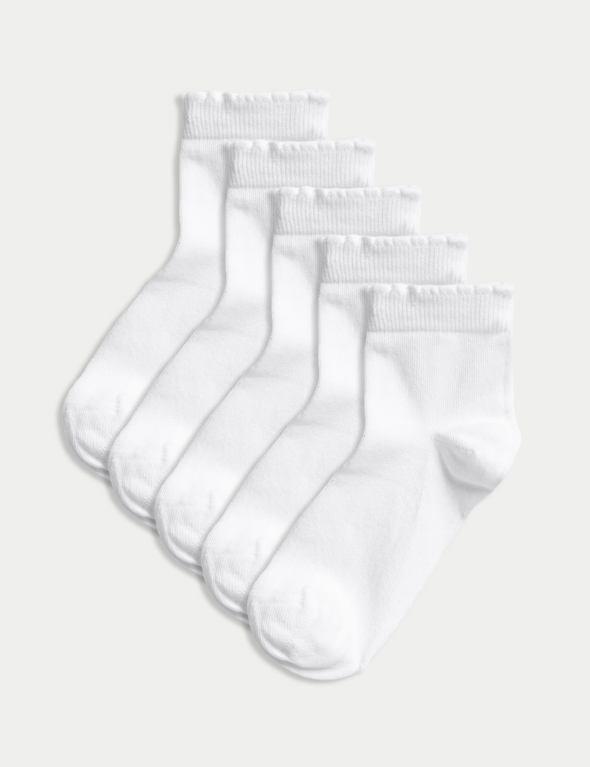 M&S Collection Girls 5pk of Short Picot Socks - 8-12 - White, White,Black