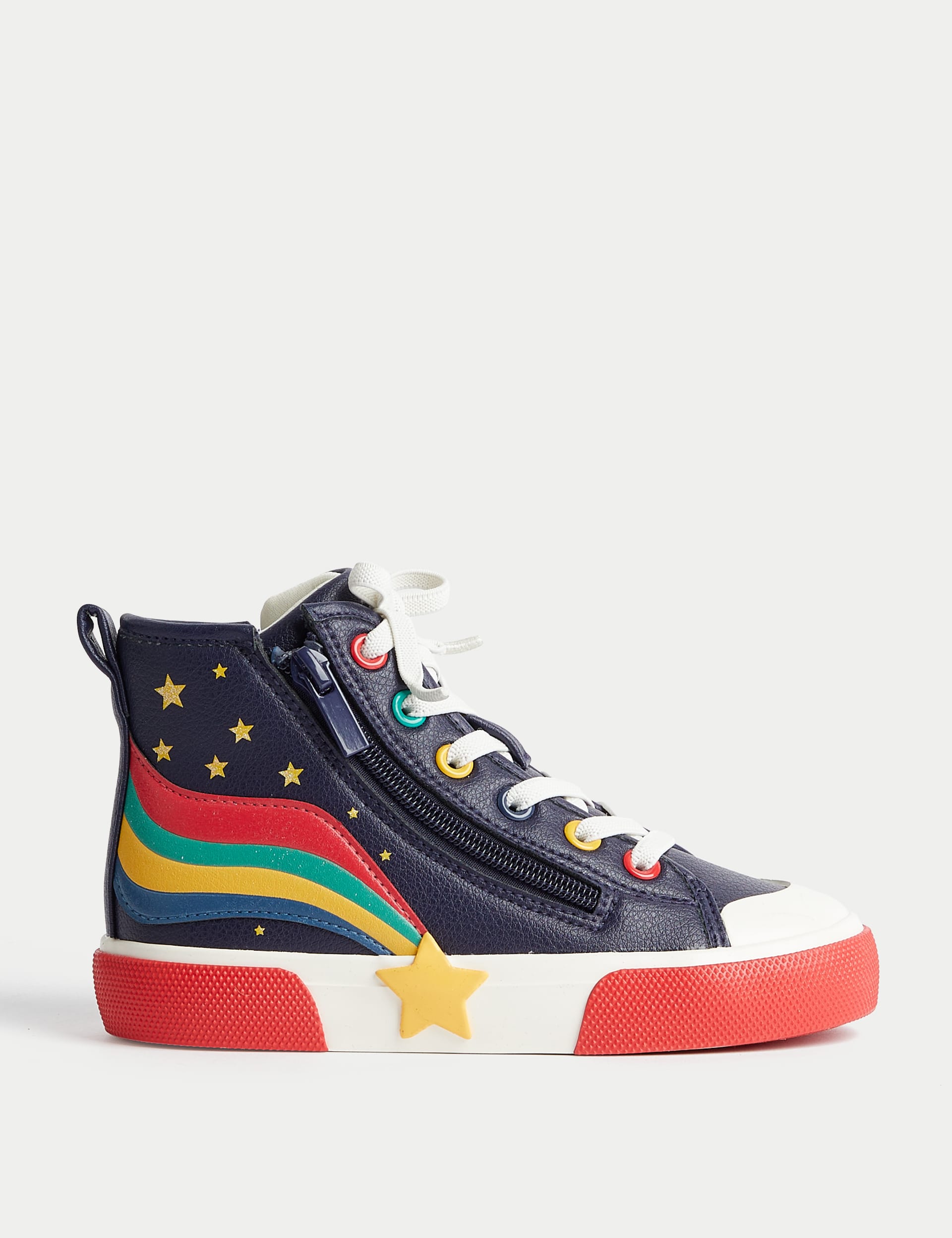 M&S Collection Kids Freshfeet Star High Top Trainers (4 Small - 2 Large) - 1 LSTD - Navy Mix, Navy 