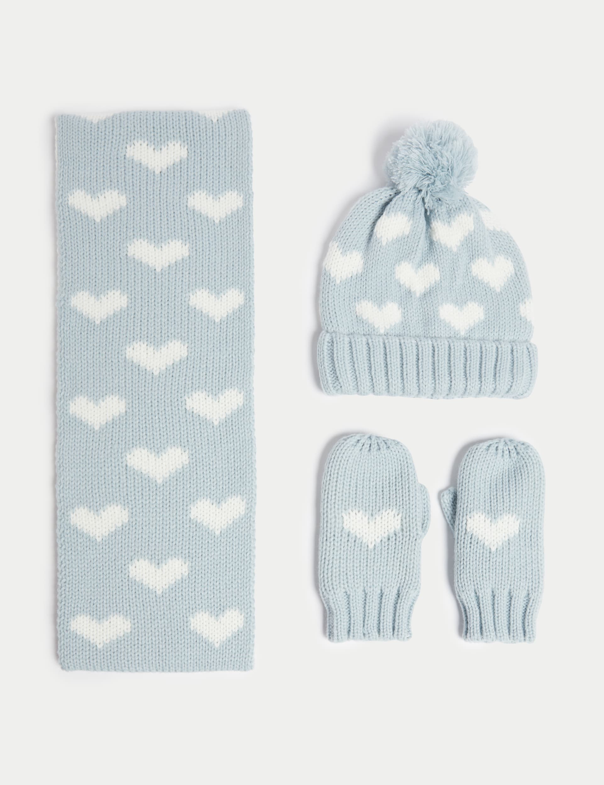 M&S Collection Kids Heart Hat, Scarf and Mitten Set (1-6 Yrs) - 3-6y - Blue Mix, Blue Mix