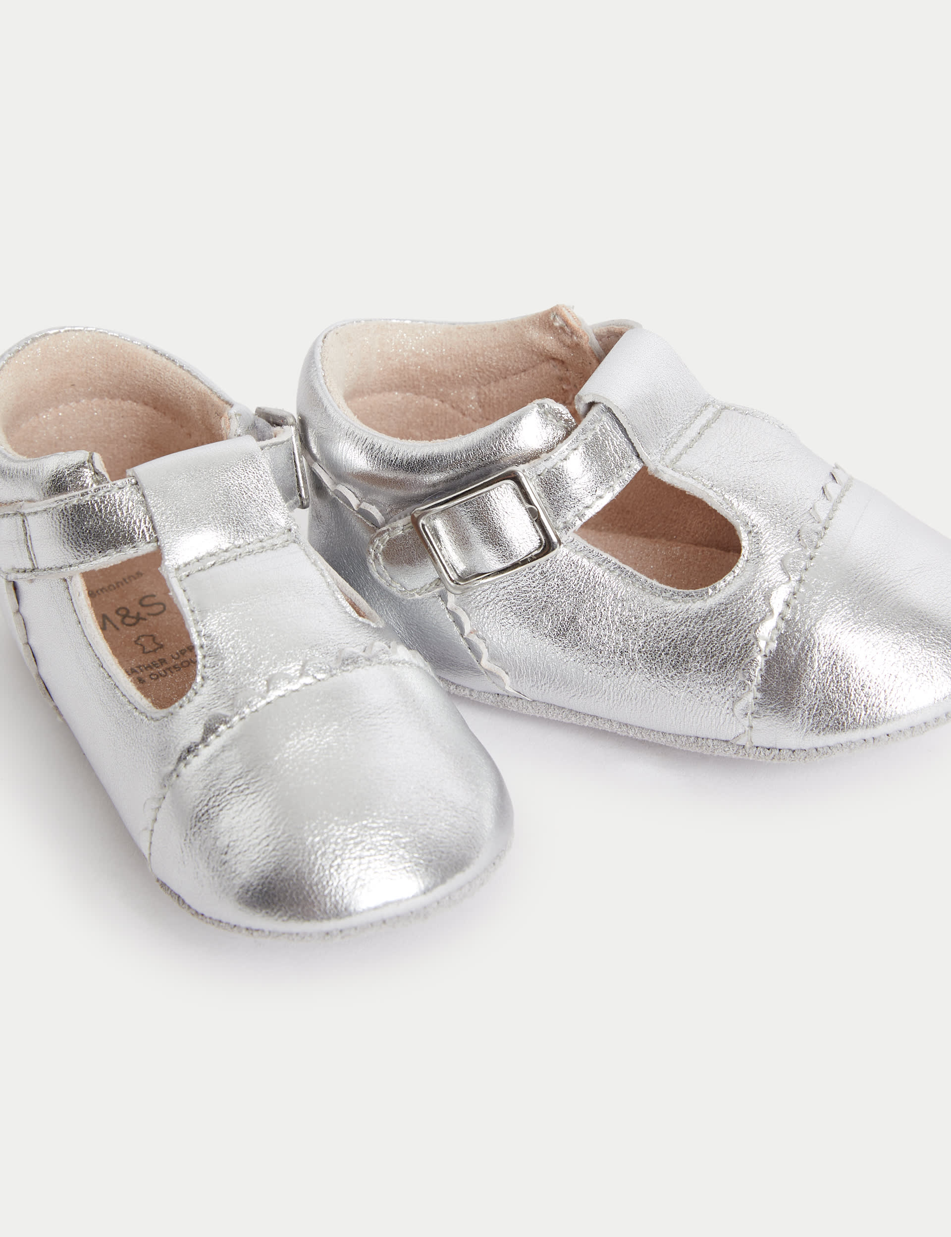 M&S Collection Baby Leather Metallic T-Bar Pram Shoes (0-18 Mths) - 12-18 - Silver, Silver