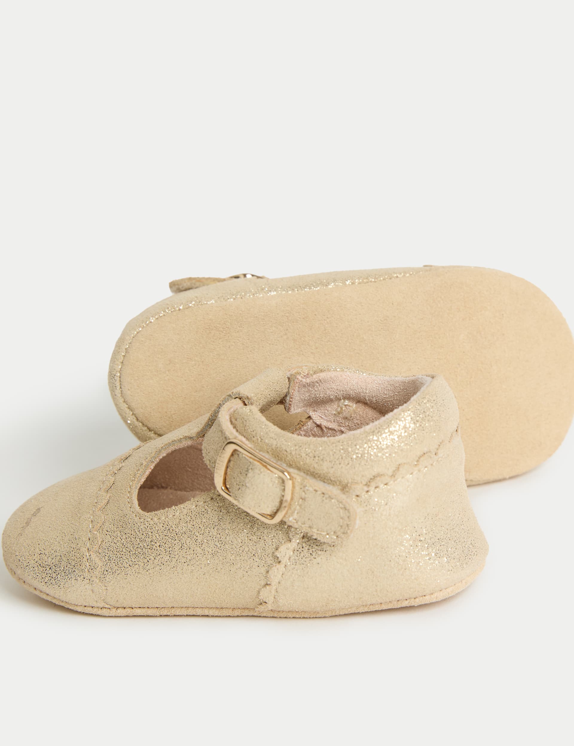 M&S Collection Baby Leather Glitter T Bar Pram Shoes (0-18 Months) - 0-3 M - Gold, Gold