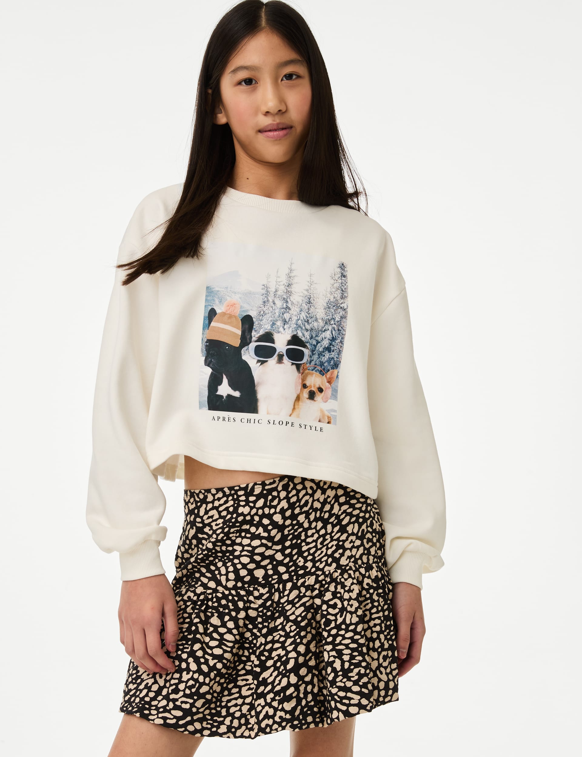 M&S Collection Girls Cotton Rich Ski Dog Graphic Sweatshirt (2-16 Yrs) - 15-16 - Ivory, Ivory