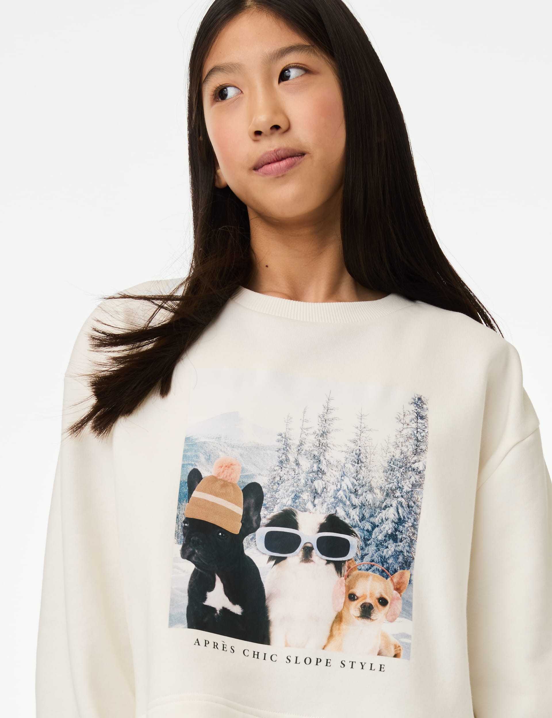 M&S Collection Girls Cotton Rich Ski Dog Graphic Sweatshirt (2-16 Yrs) - 15-16 - Ivory, Ivory