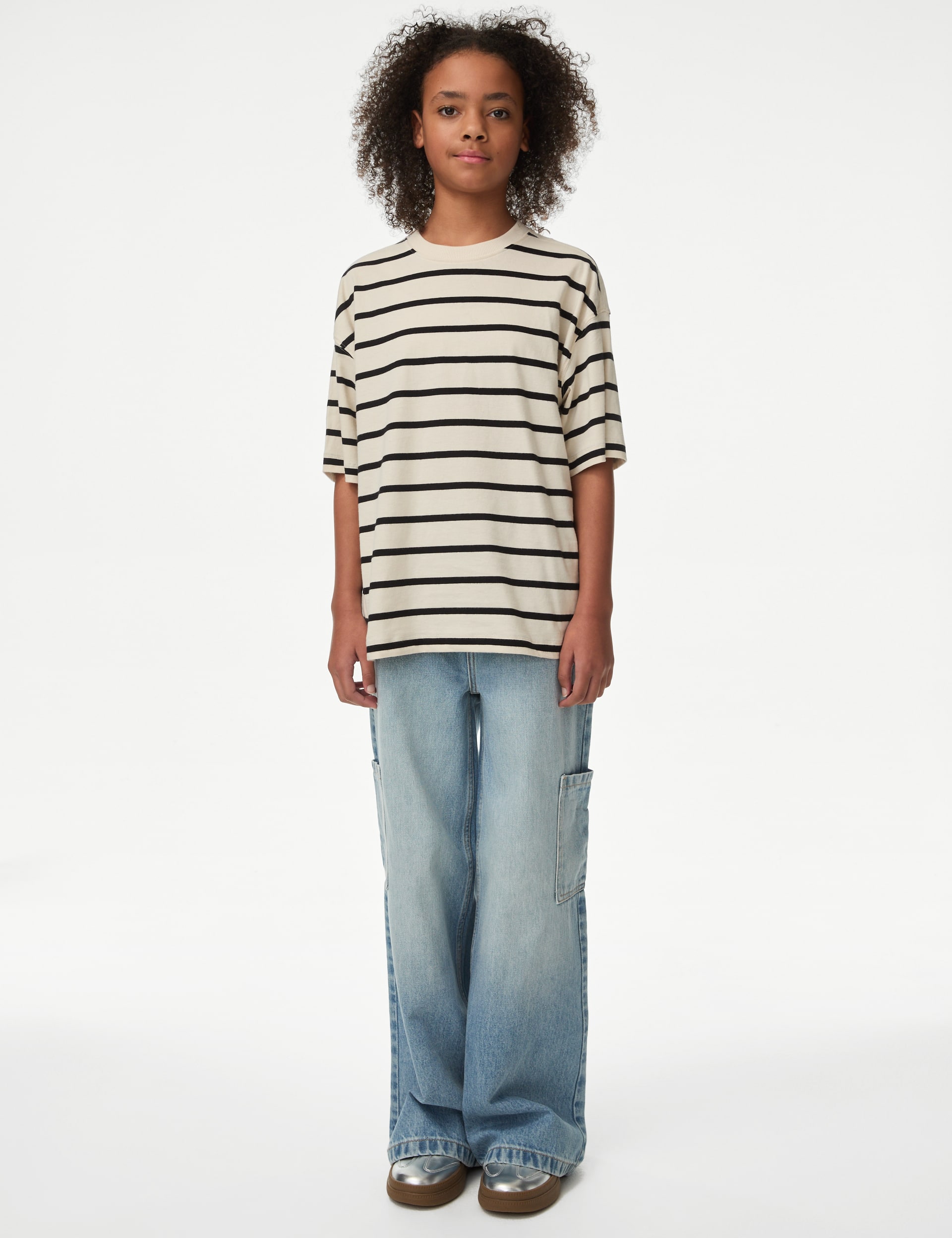 M&S Collection Girls Pure Cotton Striped T-Shirt (6-16 Yrs) - 10-11 - Ecru Mix, Ecru Mix