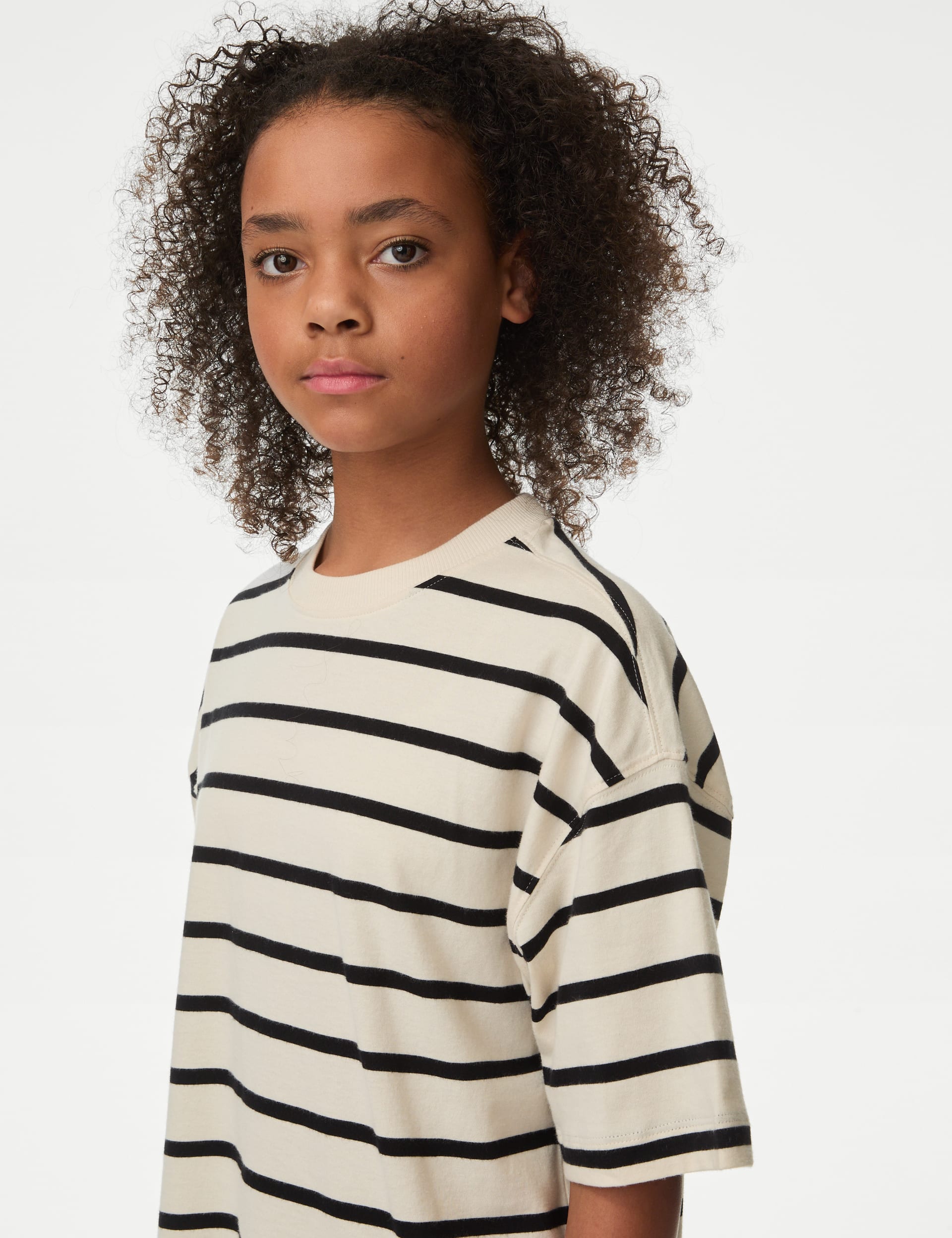 M&S Collection Girls Pure Cotton Striped T-Shirt (6-16 Yrs) - 10-11 - Ecru Mix, Ecru Mix