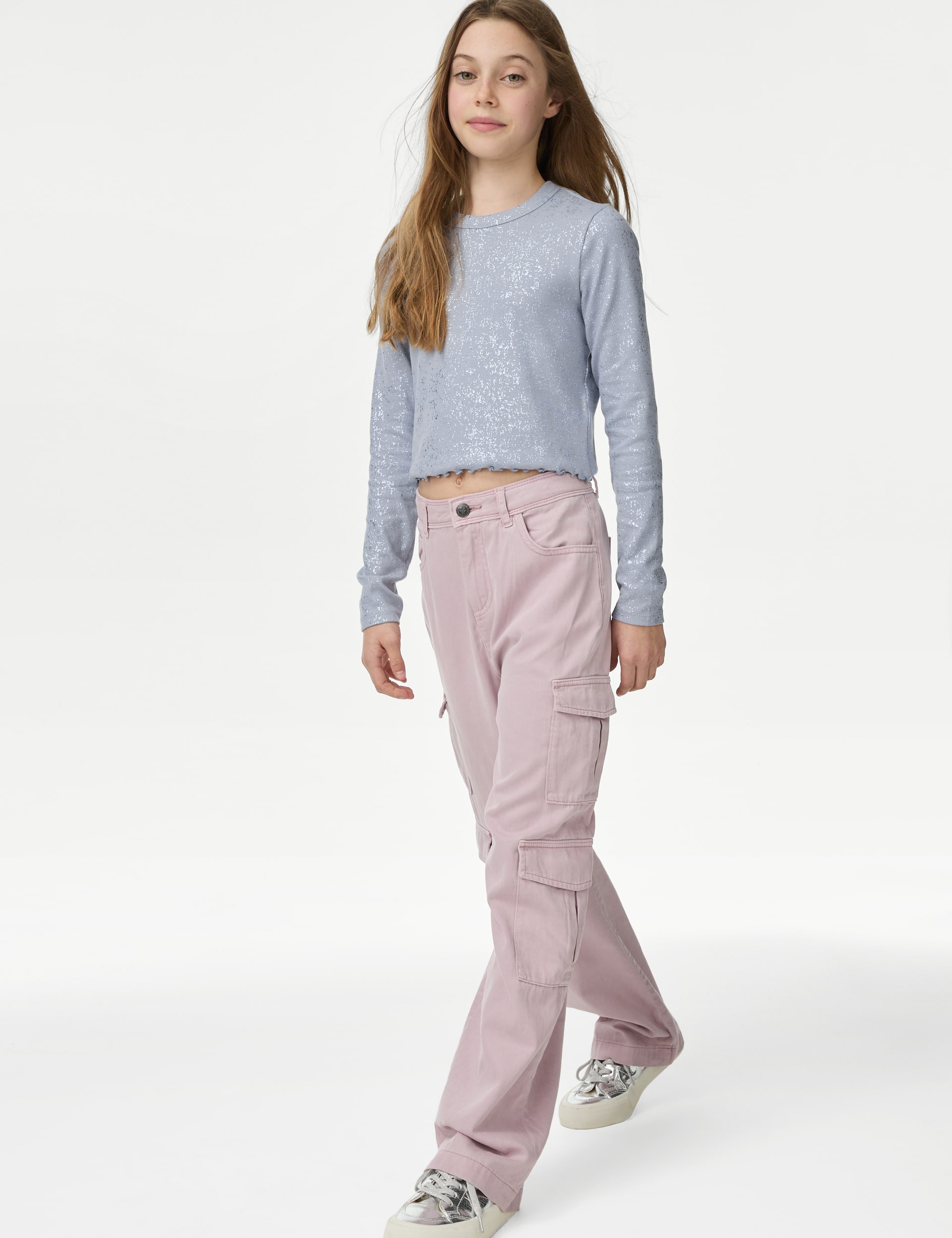 M&S Collection Girls Cotton Rich Foil Ribbed Top (6-16 Yrs) - 13-14 - Light Slate, Dark Pewter,Light