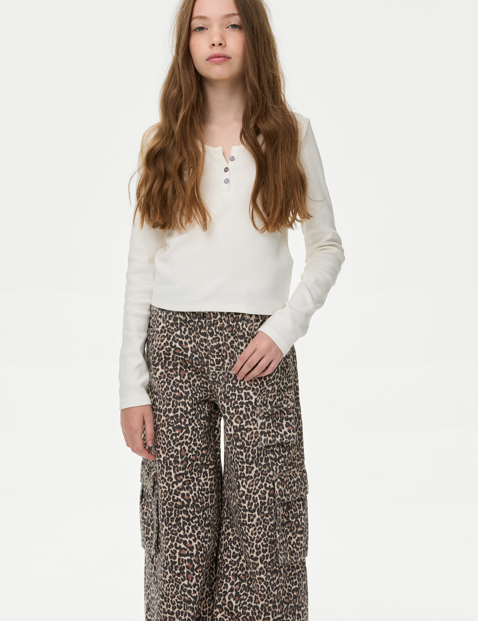 M&S Collection Girls Pure Cotton Leopard Print Cargo Jeans (6-16 Yrs) - 13-14 - Multi, Multi