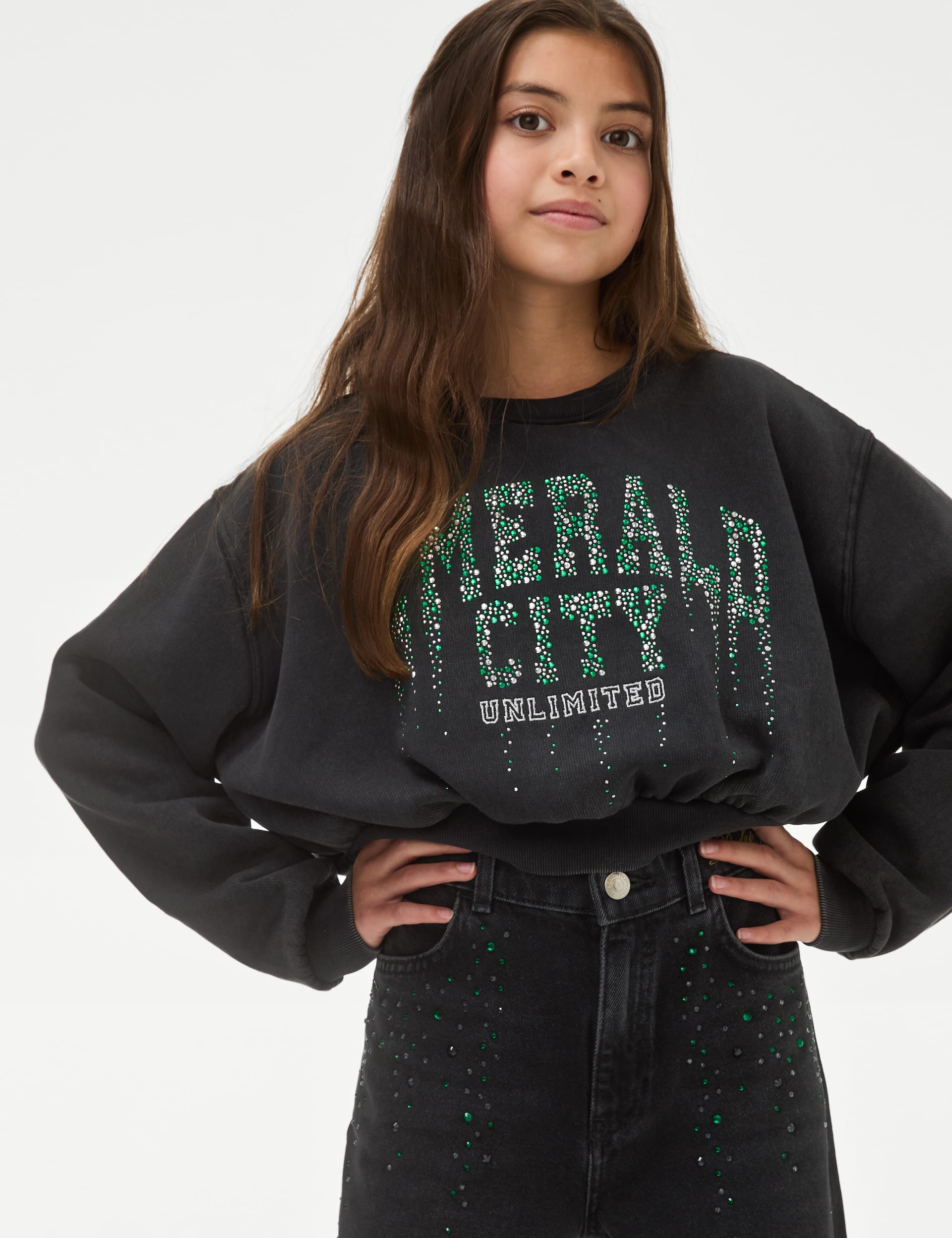 M&S Collection Girls Cotton Rich Wicked Emerald City Sweatshirt (6-16 Yrs) - 6-7 Y - Black, Black