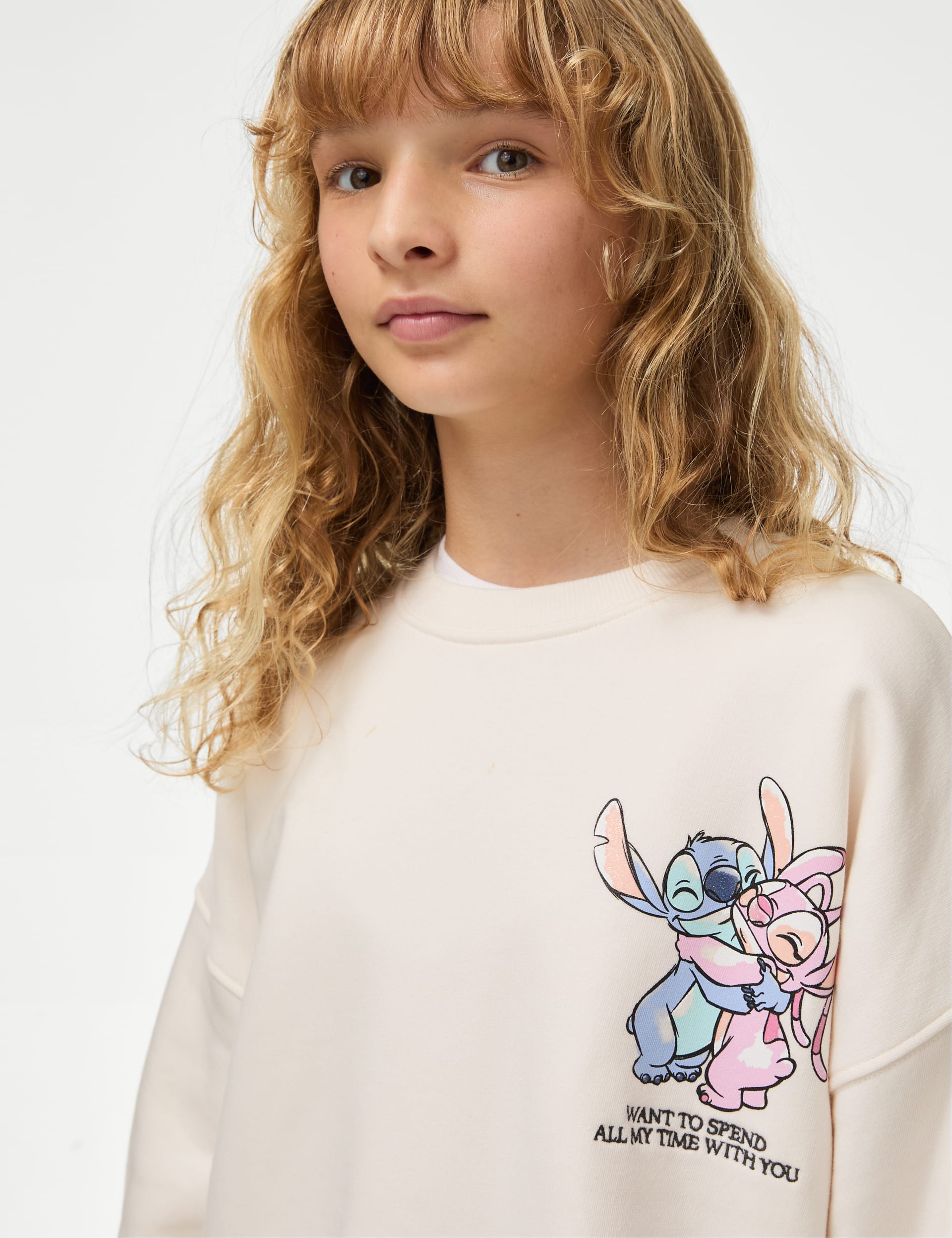 M&S Collection Girls Pure Cotton Lilo & Stitch Sweatshirt (6-16 Yrs) - 8-9 Y - Ecru, Ecru