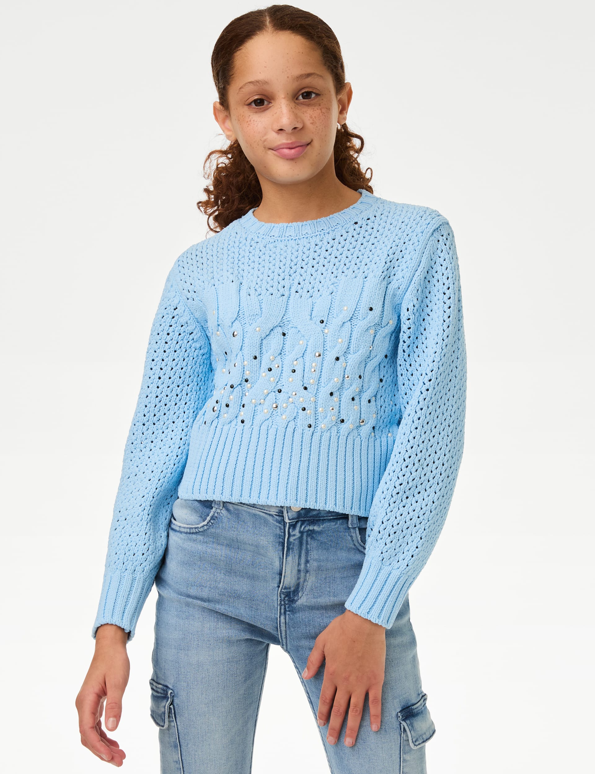 M&S Collection Girls Embellished Knitted Jumper (6-16 Yrs) - 13-14 - Blue, Ecru,Blue