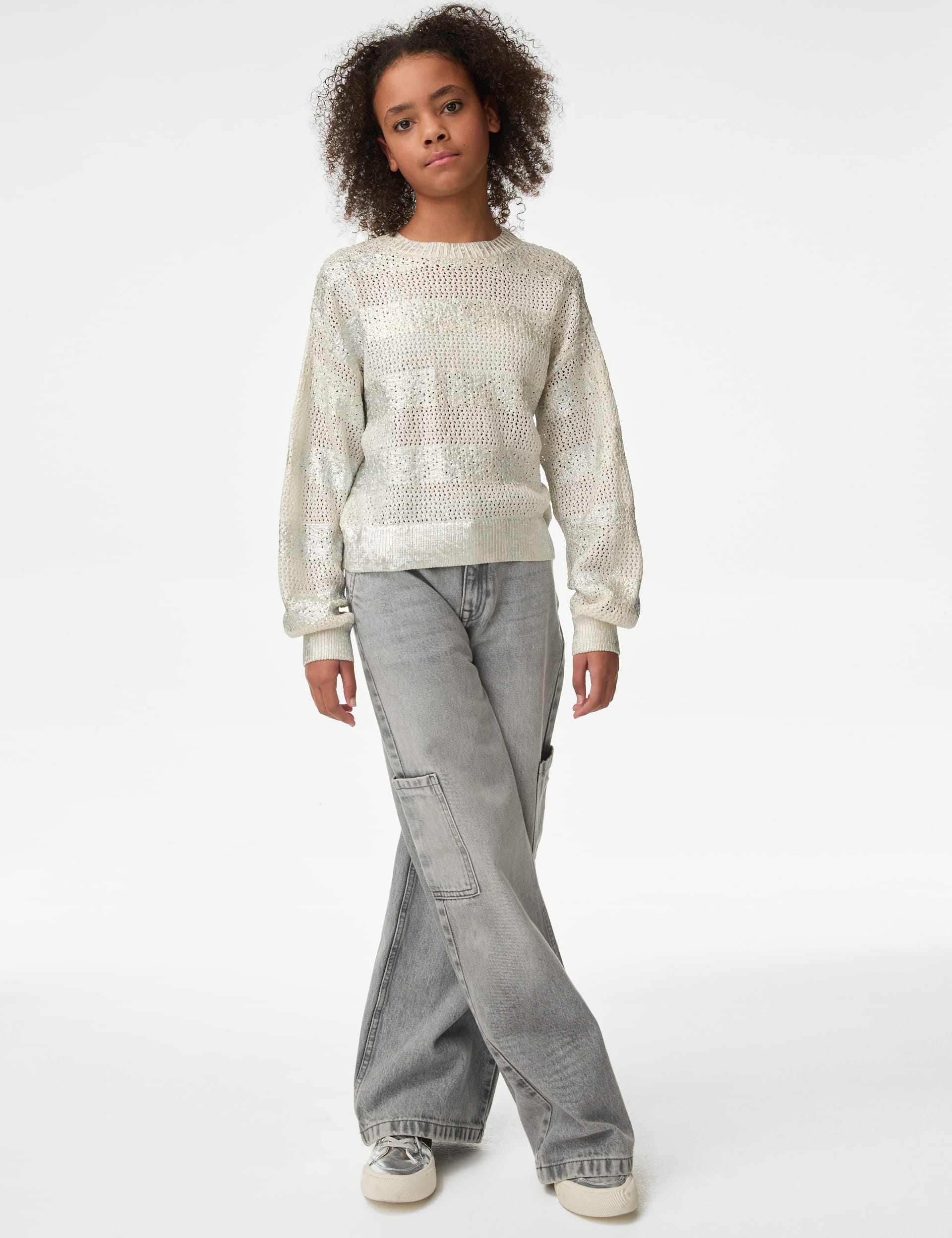 M&S Collection Girls Sparkly Textured Knitted Jumper (6-16 Yrs) - 11-12 - Silver, Silver