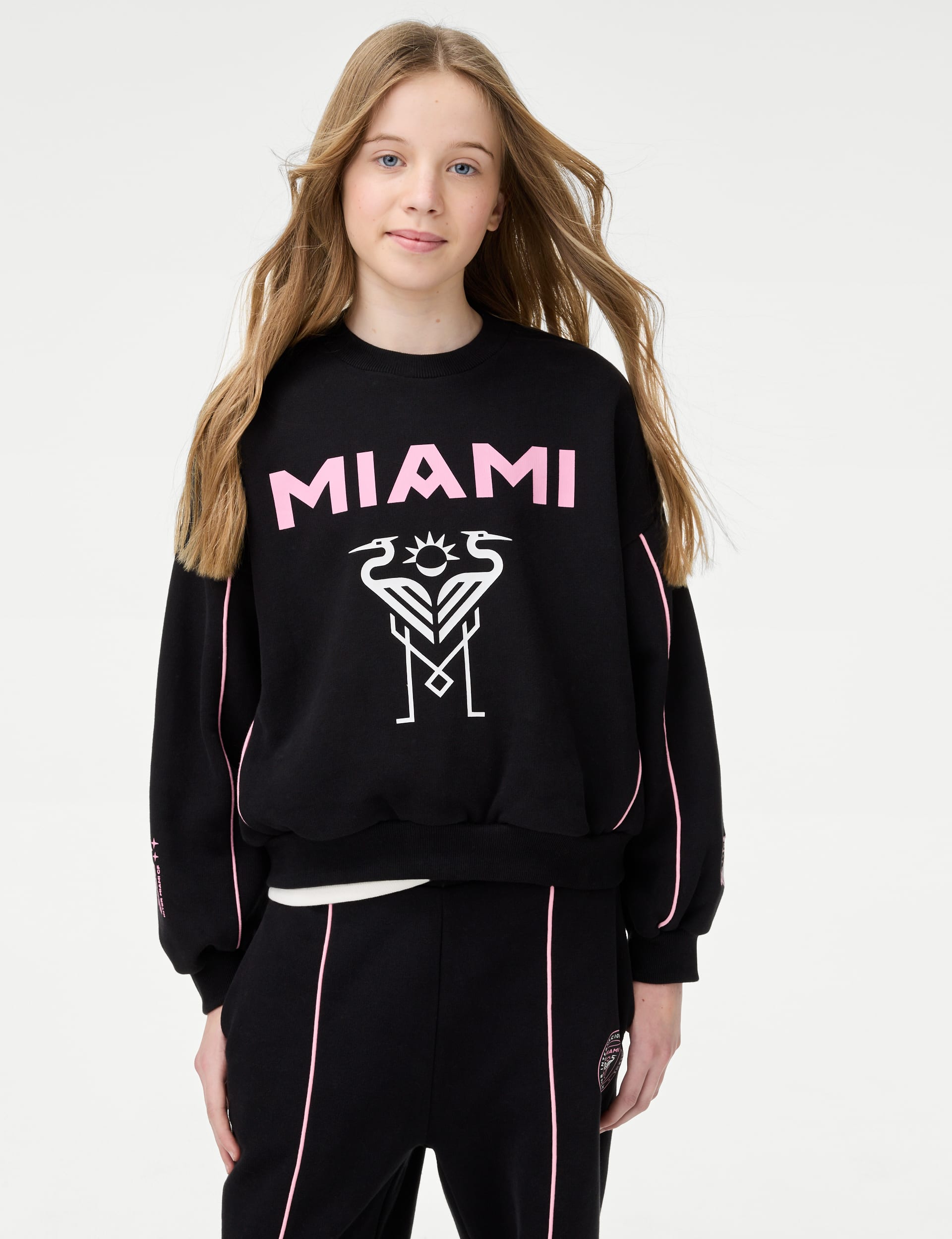 M&S Collection Girls Pure Cotton Inter Miami Sweatshirt (6-16 Yrs) - 9-10Y - Black Mix, Black Mix