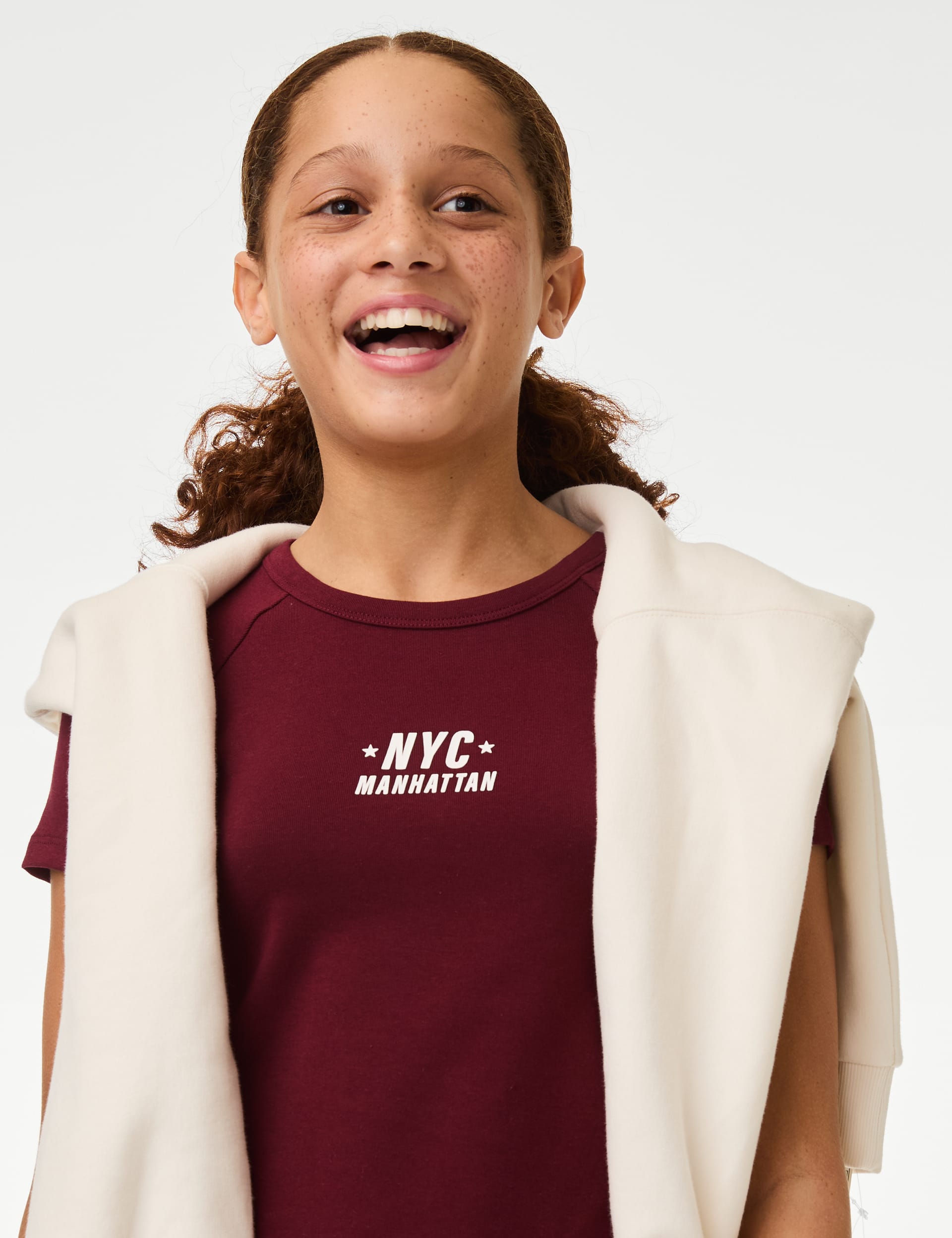 M&S Collection Girls Cotton Rich NYC Slogan T-Shirt (6-16 Yrs) - 11-12 - Berry, Berry