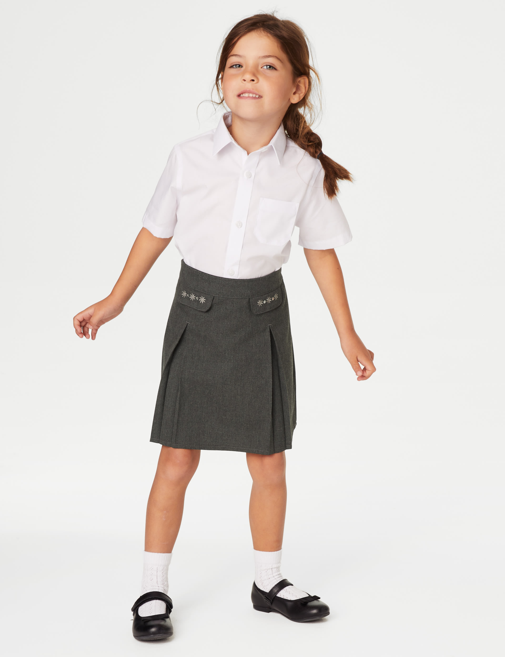 M&S Collection Girls 2 Pack Girls Embroidered School Skirts (2-18 Yrs) - 14-15 - Grey, Grey