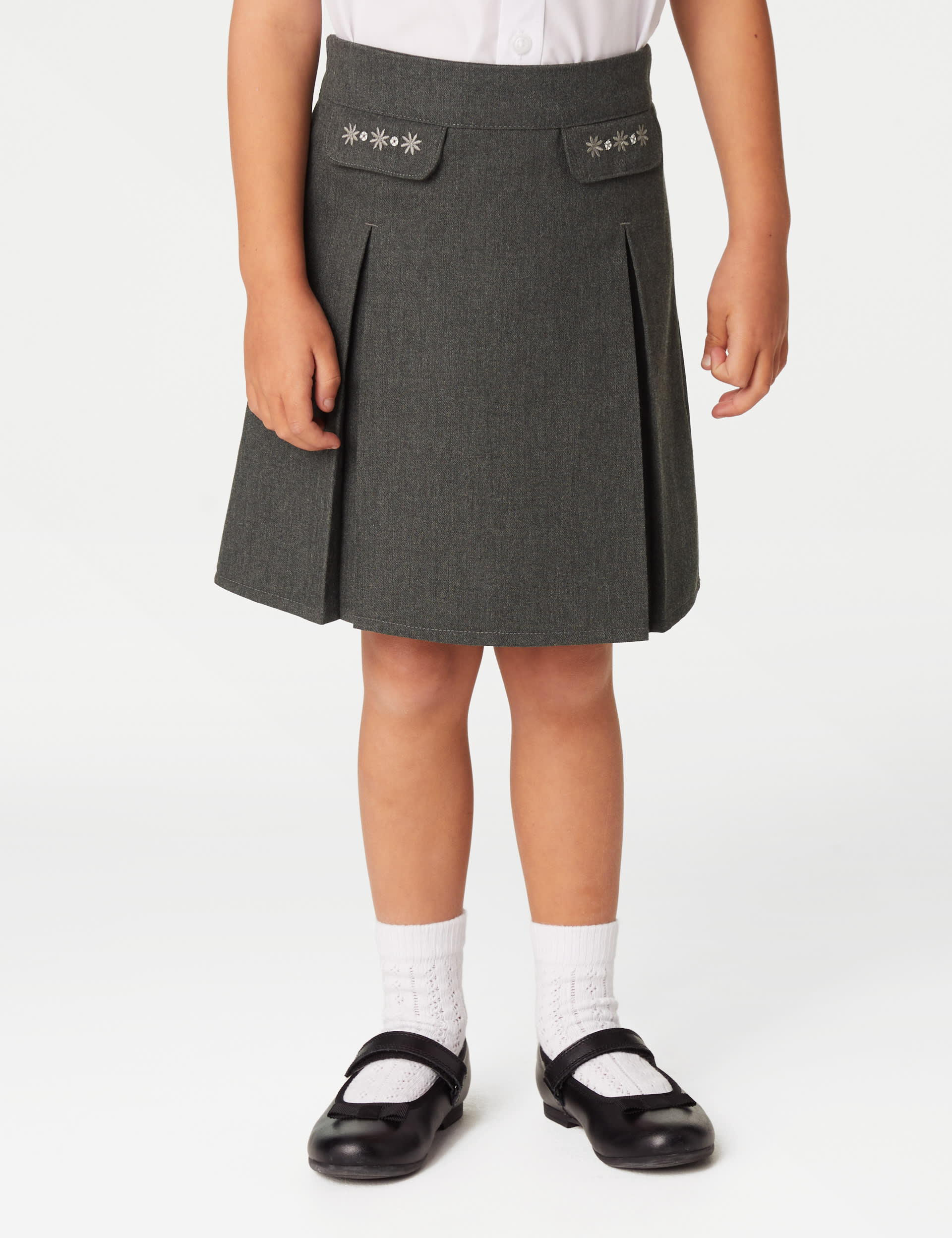 M&S Collection Girls 2 Pack Girls Embroidered School Skirts (2-18 Yrs) - 14-15 - Grey, Grey