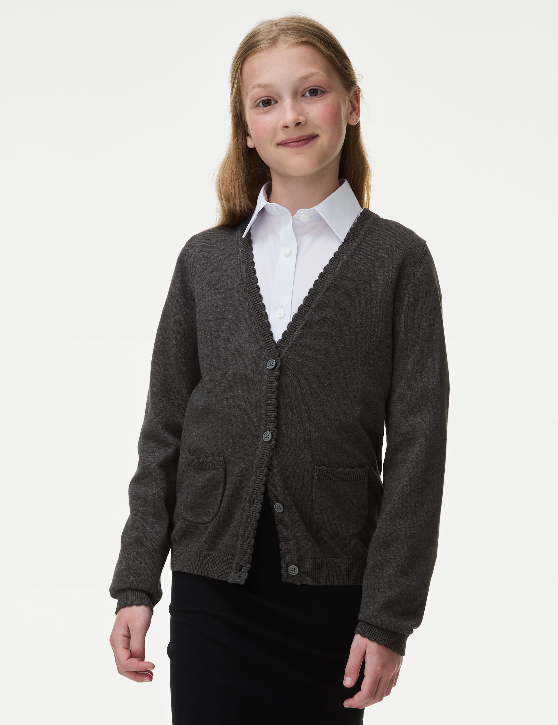 M&S Collection Girls Pure Cotton School Cardigan (2-18 Yrs) - 11-12 - Grey, Grey,Navy,Red