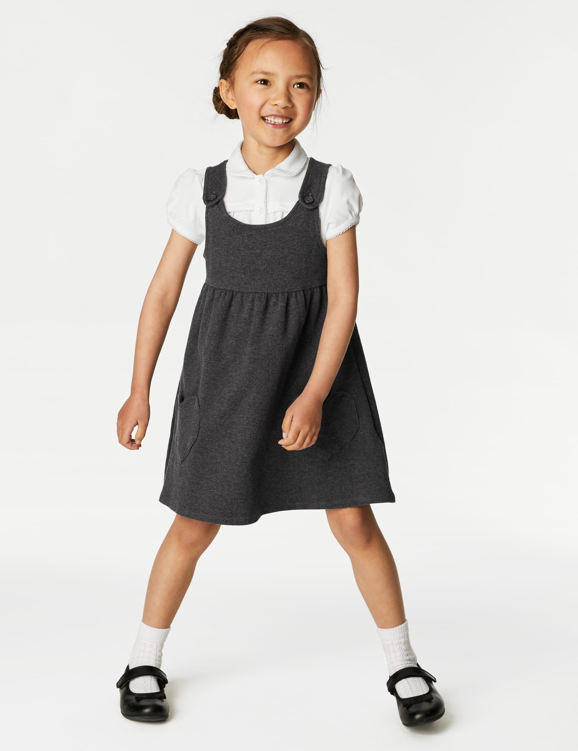 M&S Collection Girls Jersey Heart Pocket School Pinafore (2-12 Yrs) - 4-5 Y - Grey, Grey