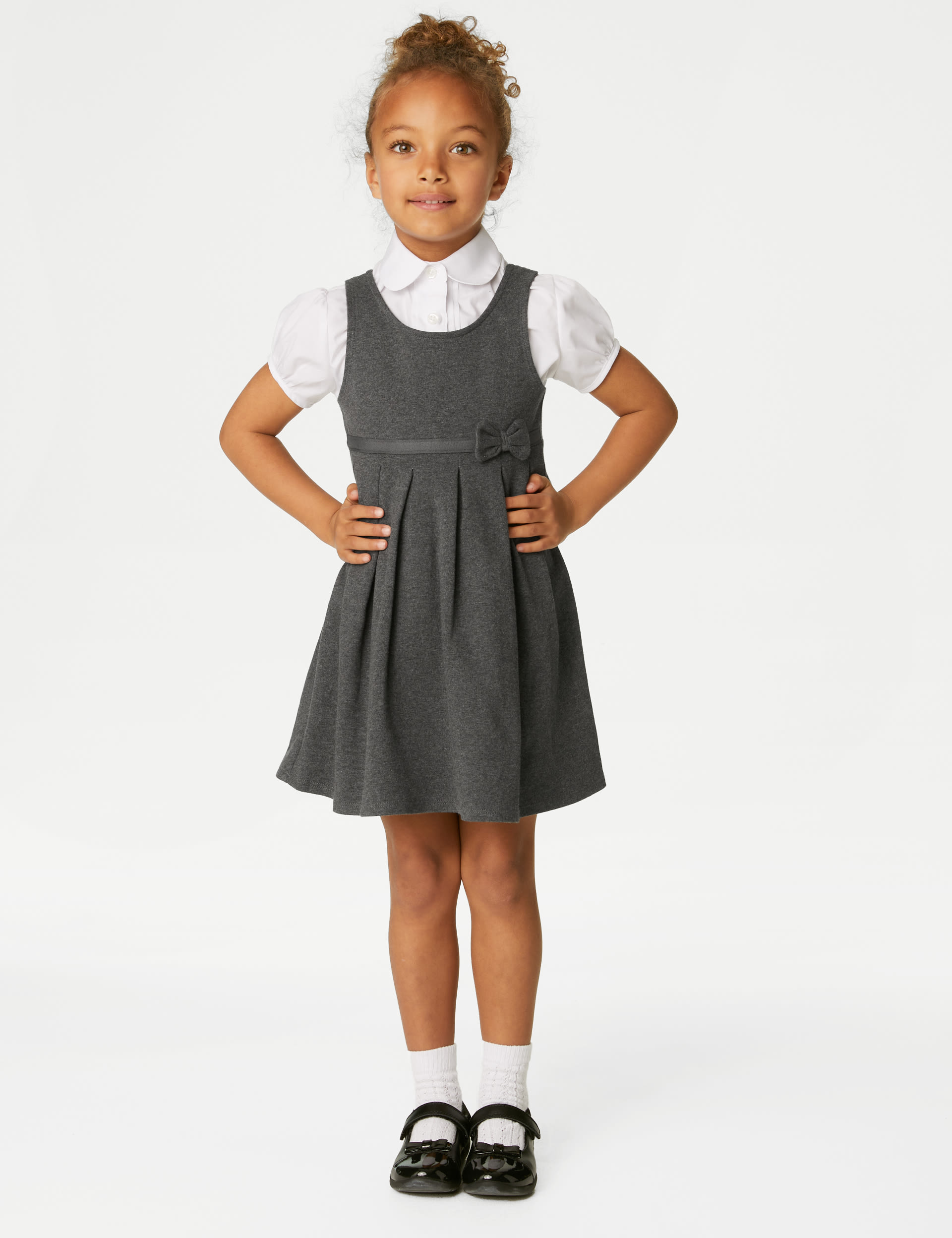 M&S Collection Girls 2 Pack Girls Jersey Bow School Pinafores (2-12 Yrs) - 5-6 Y - Grey, Grey,Navy Mix,Black