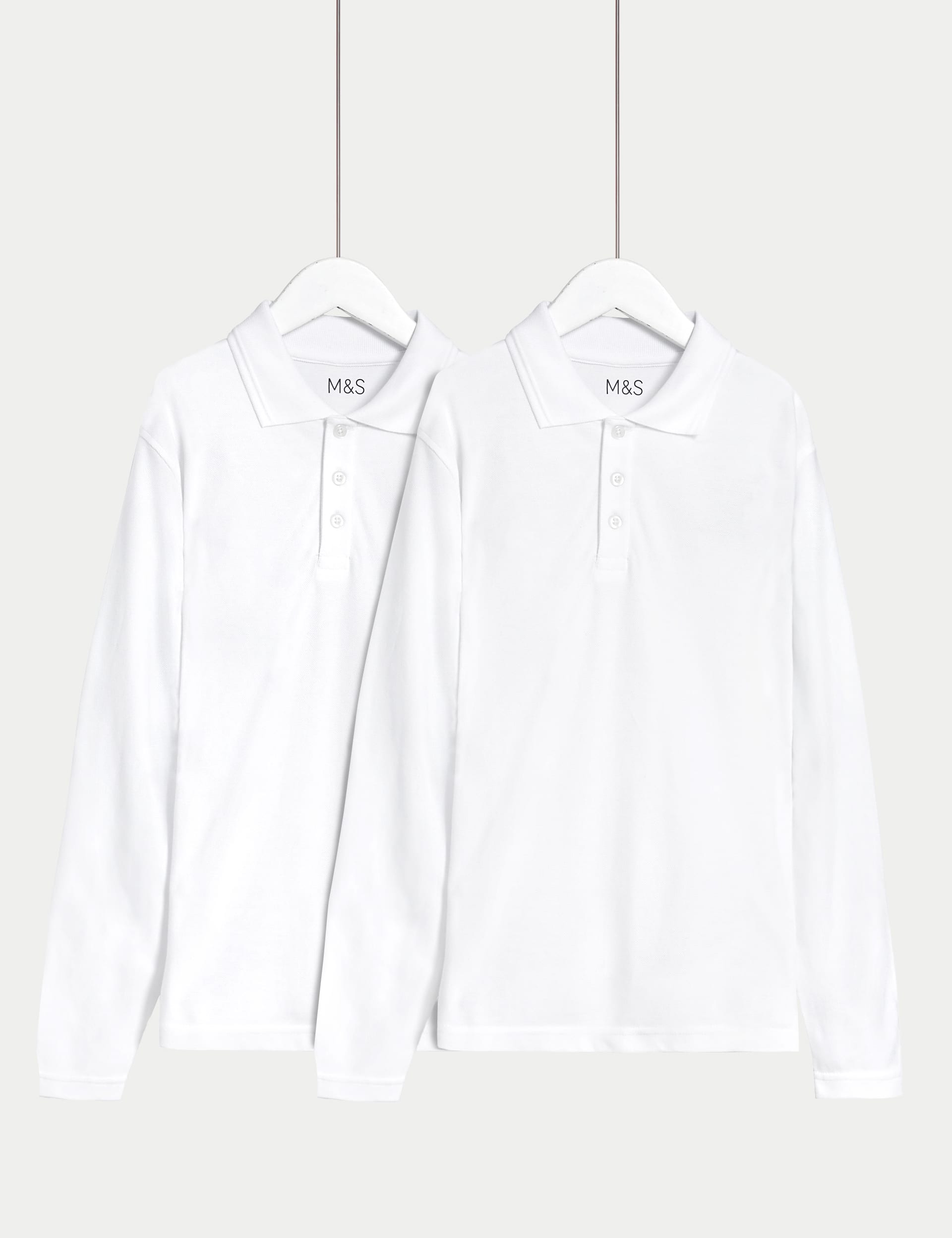 M&S Collection 2 Pack Unisex Pure Cotton Stain Resist School Polo Shirts (2-18 Yrs) - 6-7 Y - White,