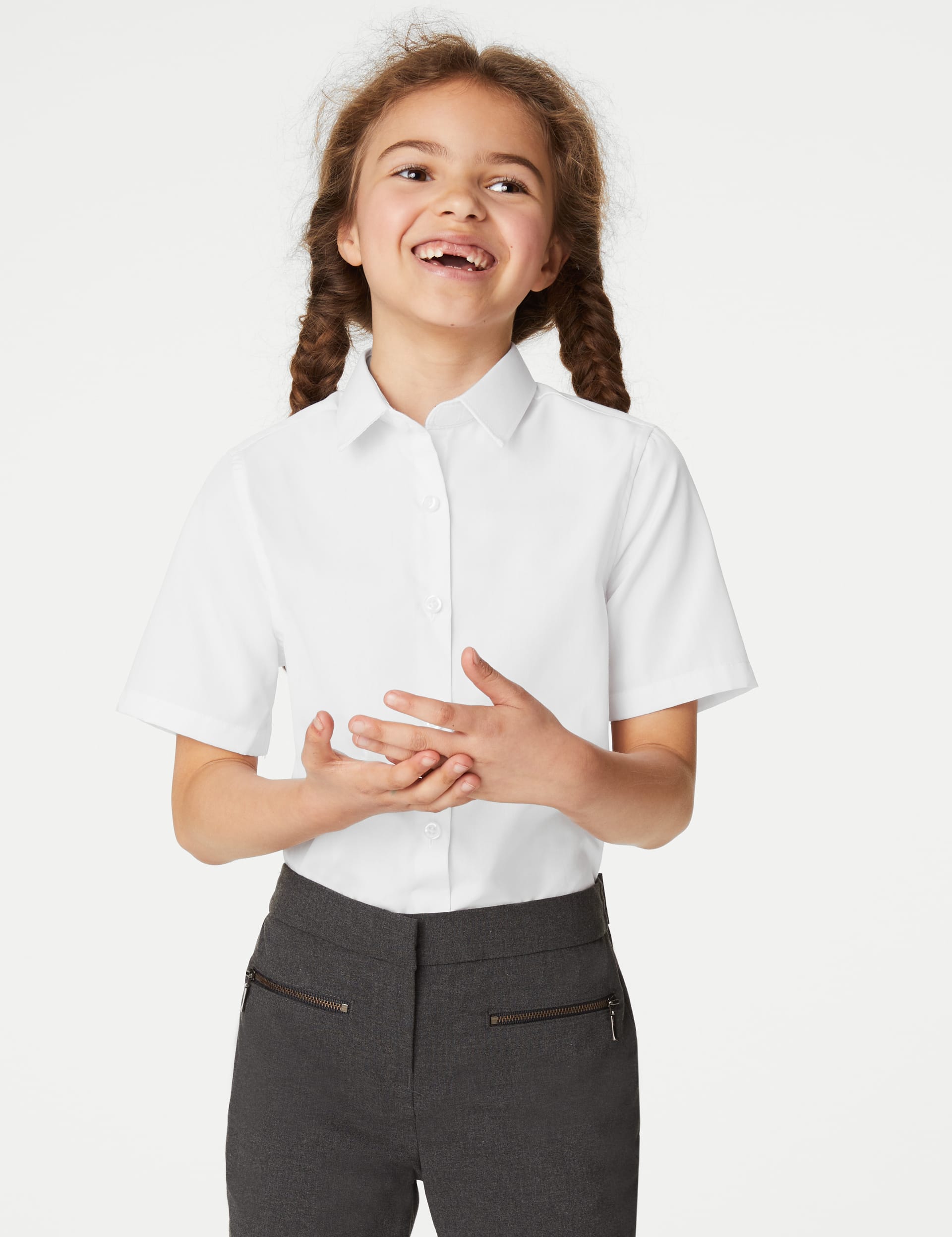 M&S Collection Girls 3pk Girls Slim Fit Easy Iron School Shirts (2-16 Yrs) - 2-3 Y - White, White,Bl