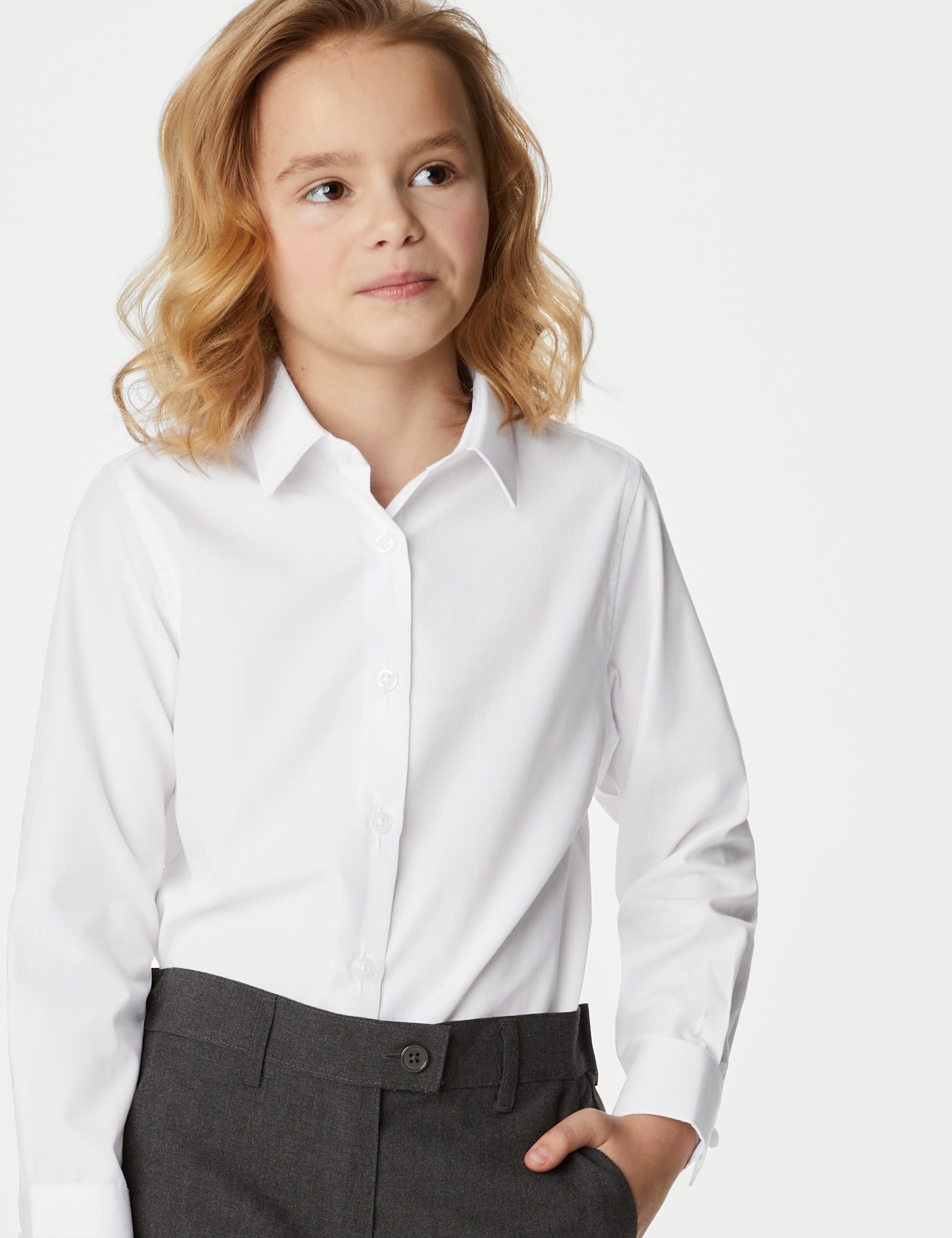 M&S Collection Girls 3pk Girls Longer Length Easy Iron School Shirts (4-18 Yrs) - 4-5 YLNG - White, White