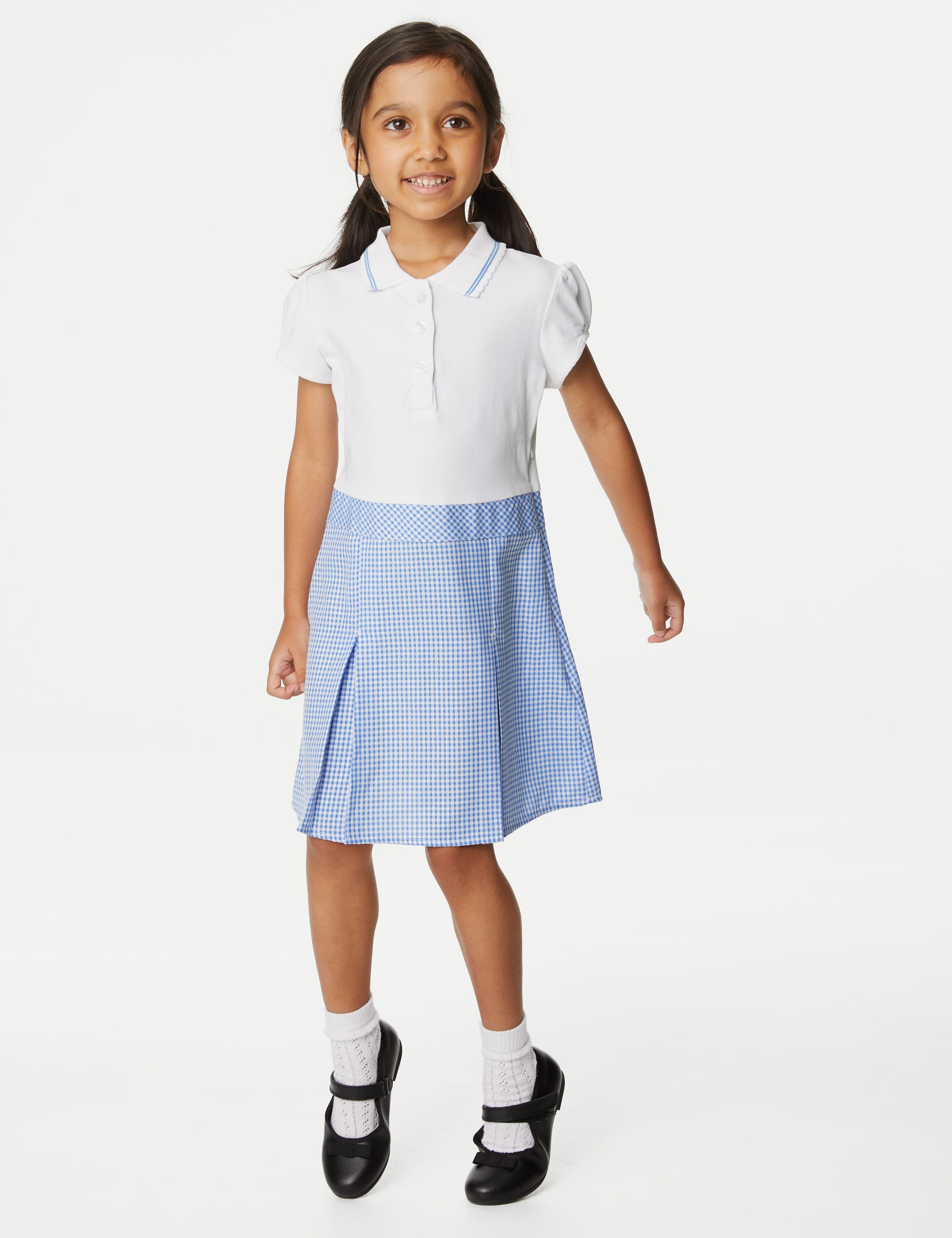 M&S Collection Girls 2 in 1 Gingham Pleated School Dress (2-14 Yrs) - 7-8 Y - Light Blue, Light Blue