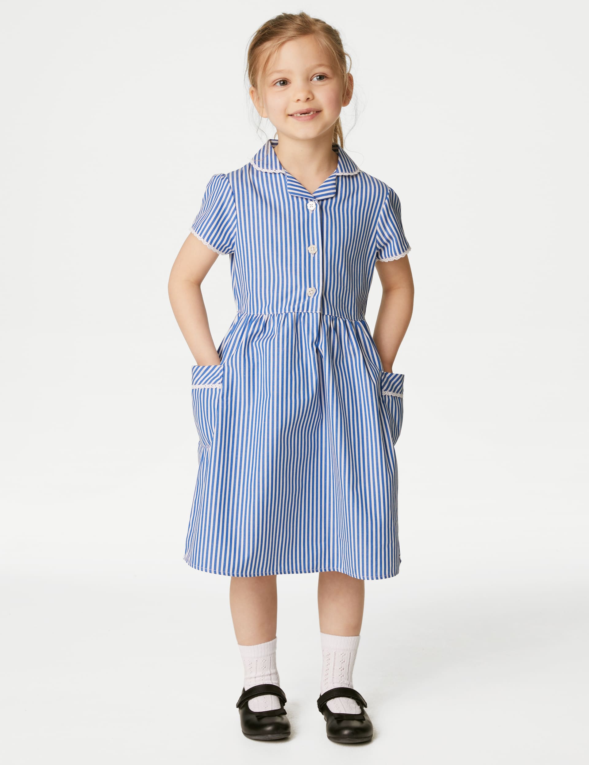 M&S Collection Girls Pure Cotton Striped School Dress (2-14 Yrs) - 4-5 Y - Mid Blue, Mid Blue