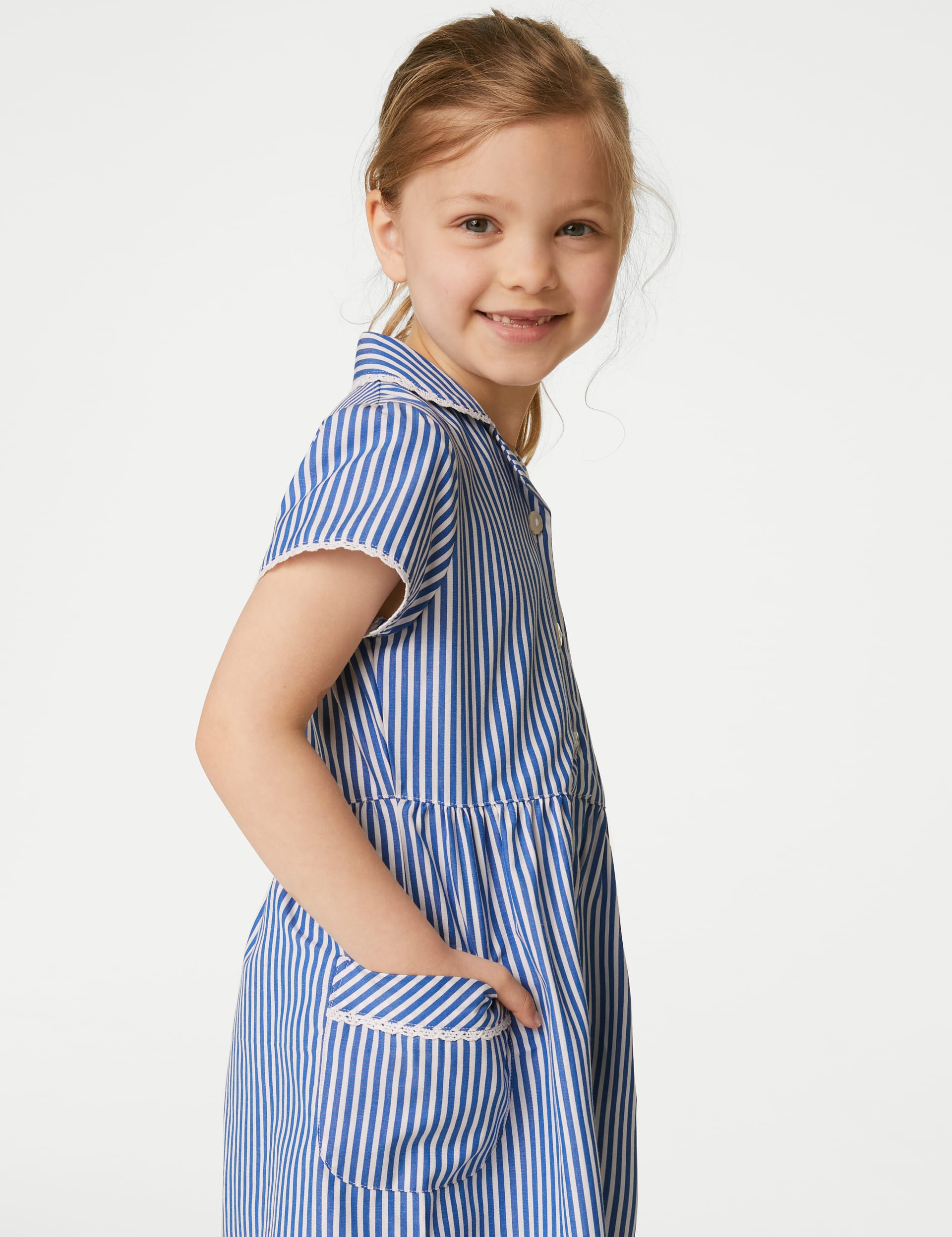 M&S Collection Girls Pure Cotton Striped School Dress (2-14 Yrs) - 7-8 Y - Mid Blue, Mid Blue