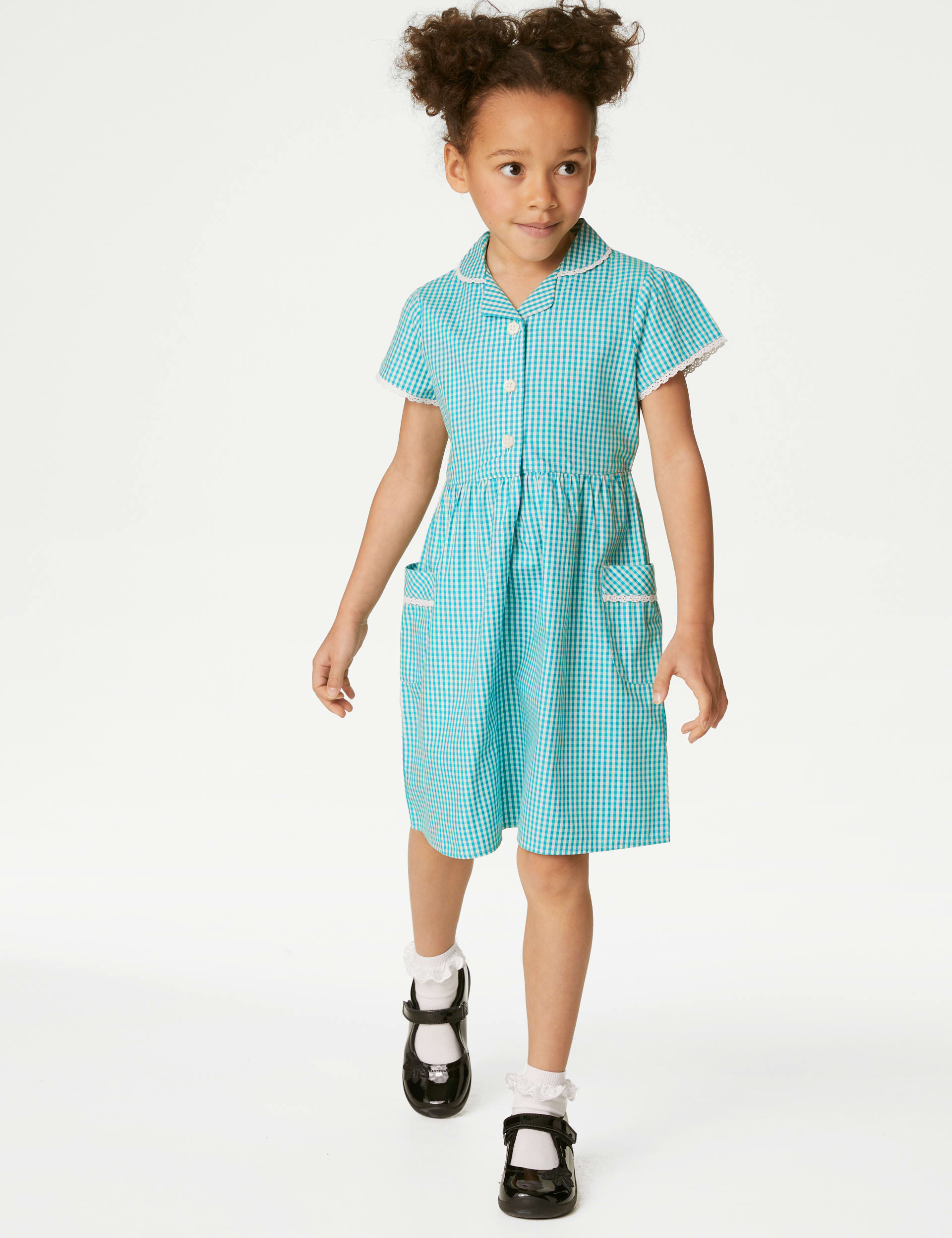 M&S Collection Girls Pure Cotton Gingham School Dress (2-14 Yrs) - 5-6 Y - Green, Mid Blue,Yellow,Gr