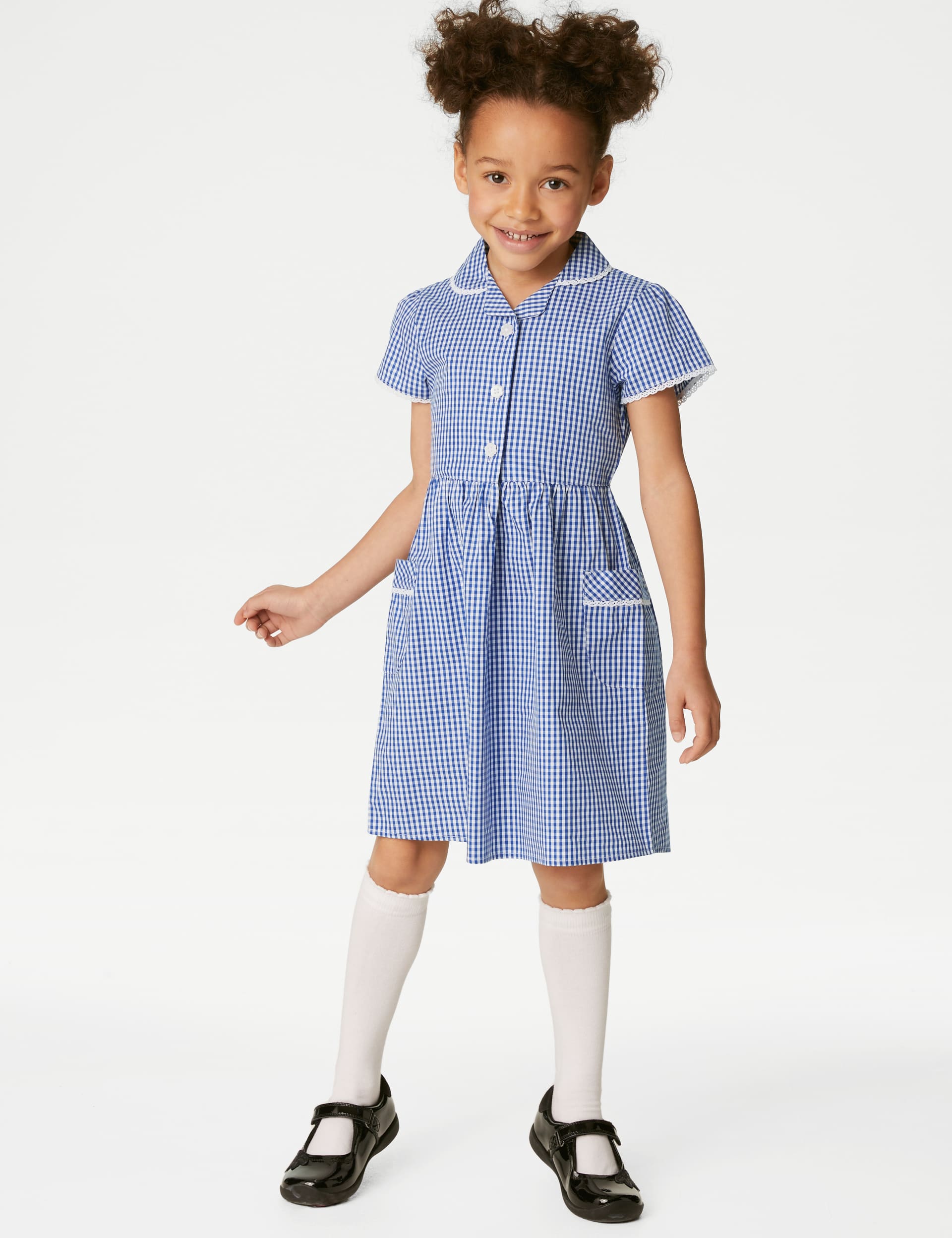 M&S Collection Girls Pure Cotton Gingham School Dress (2-14 Yrs) - 6-7 Y - Mid Blue, Mid Blue,Yellow