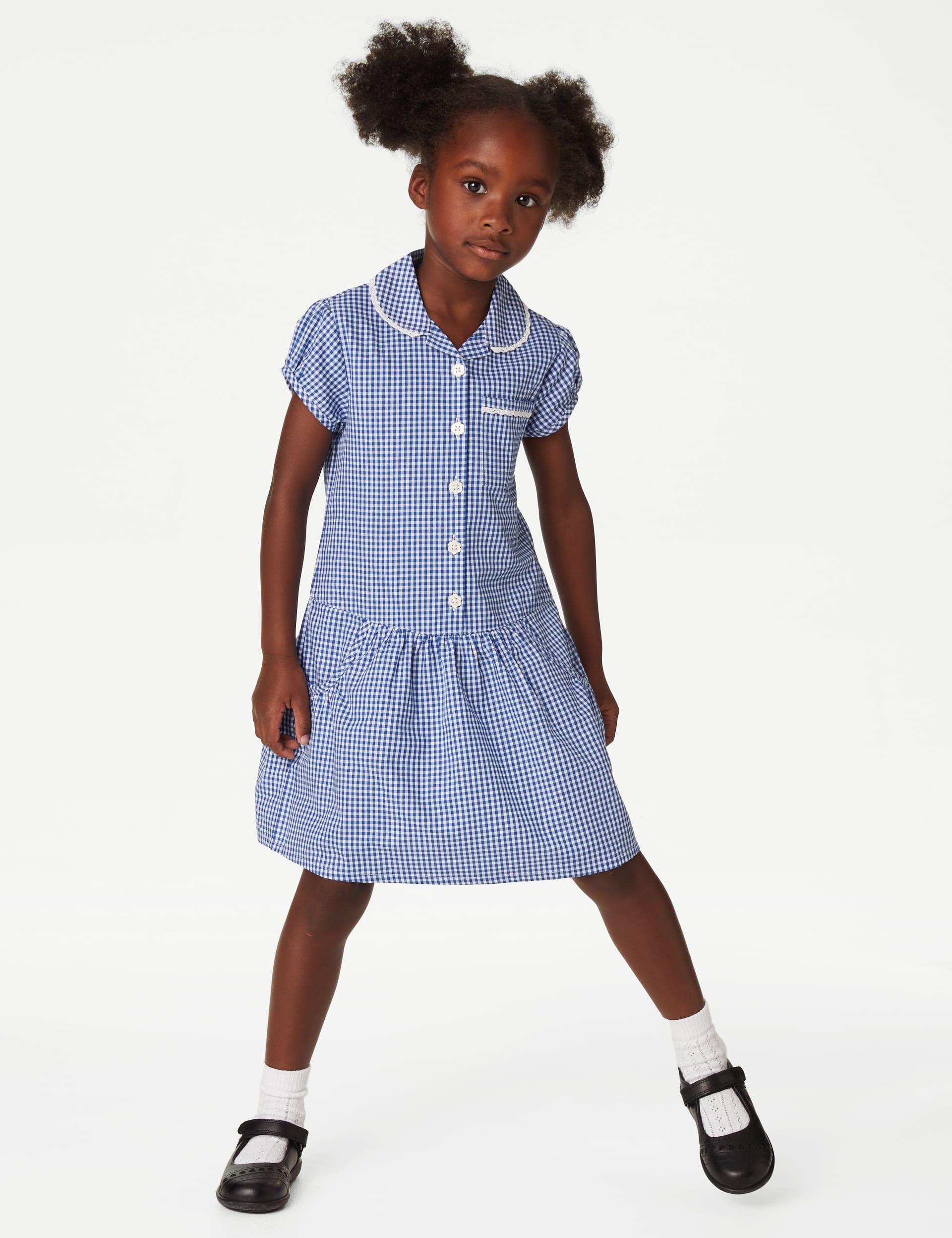 M&S Collection Girls 2 Pack Girls Cotton Rich Gingham School Dresses (2-14 Yrs) - 6-7 Y - Mid Blue, 