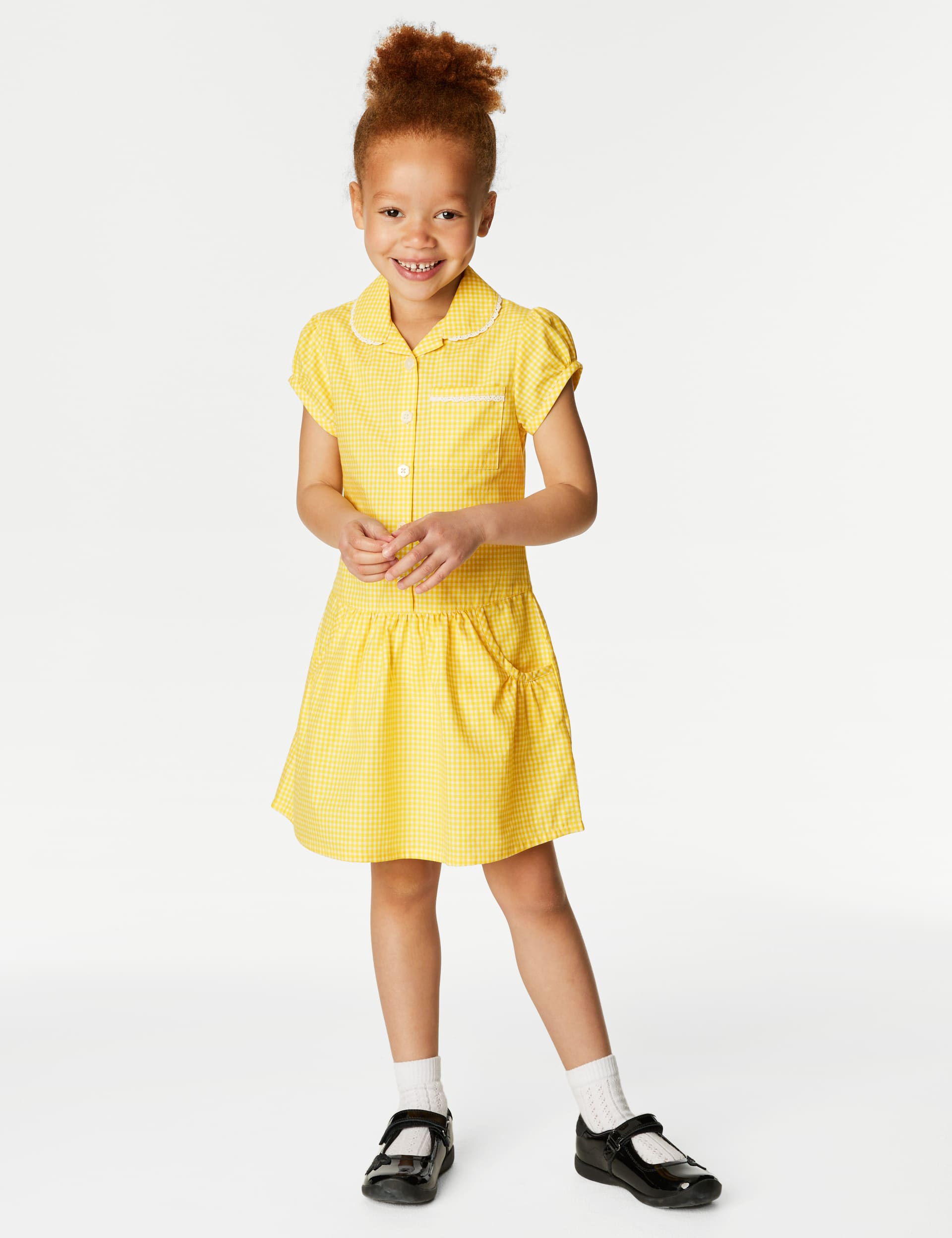 M&S Collection Girls 2 Pack Girls Cotton Rich Gingham School Dresses (2-14 Yrs) - 4-5 Y - Yellow, Re