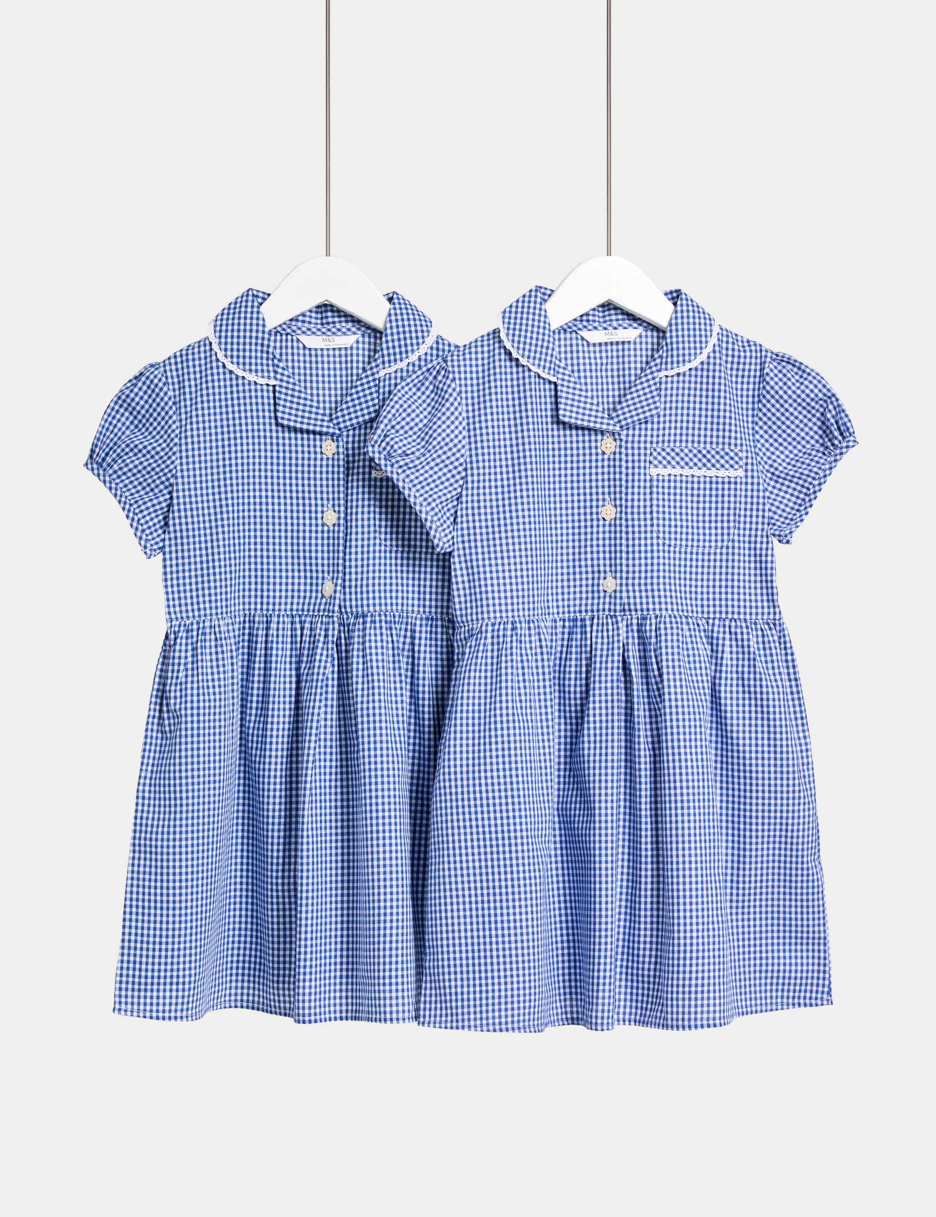 M&S Collection Girls 2 Pack Girls Plus Fit Gingham School Dresses (2-15 Yrs) - 8-9 Y - Mid Blue, Mid Blue,Red Mix