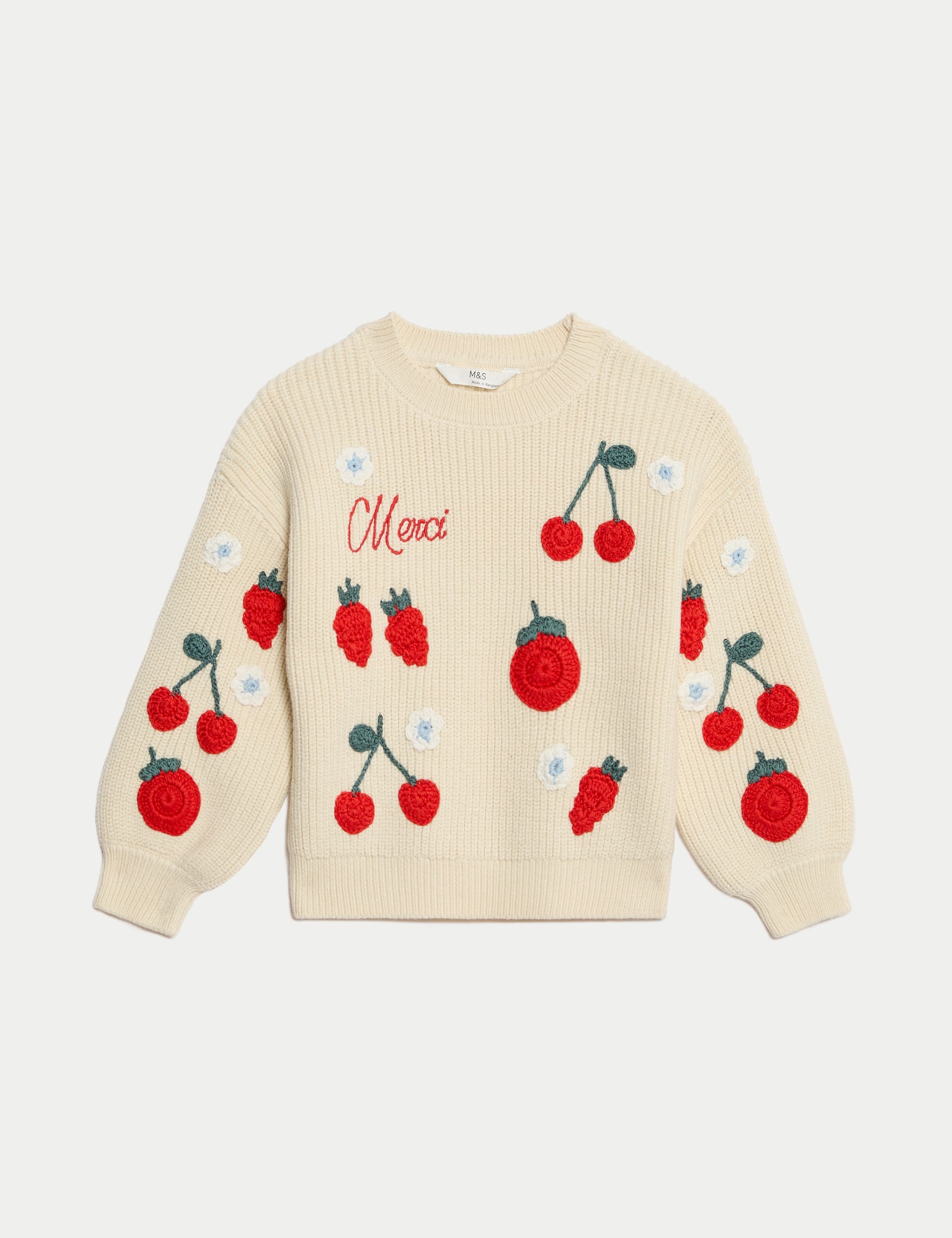 M&S Collection Girls Cotton Blend Applique Fruit Jumper (12 Mths-10 Yrs) - 6-7 Y - Ecru Mix, Ecru Mi